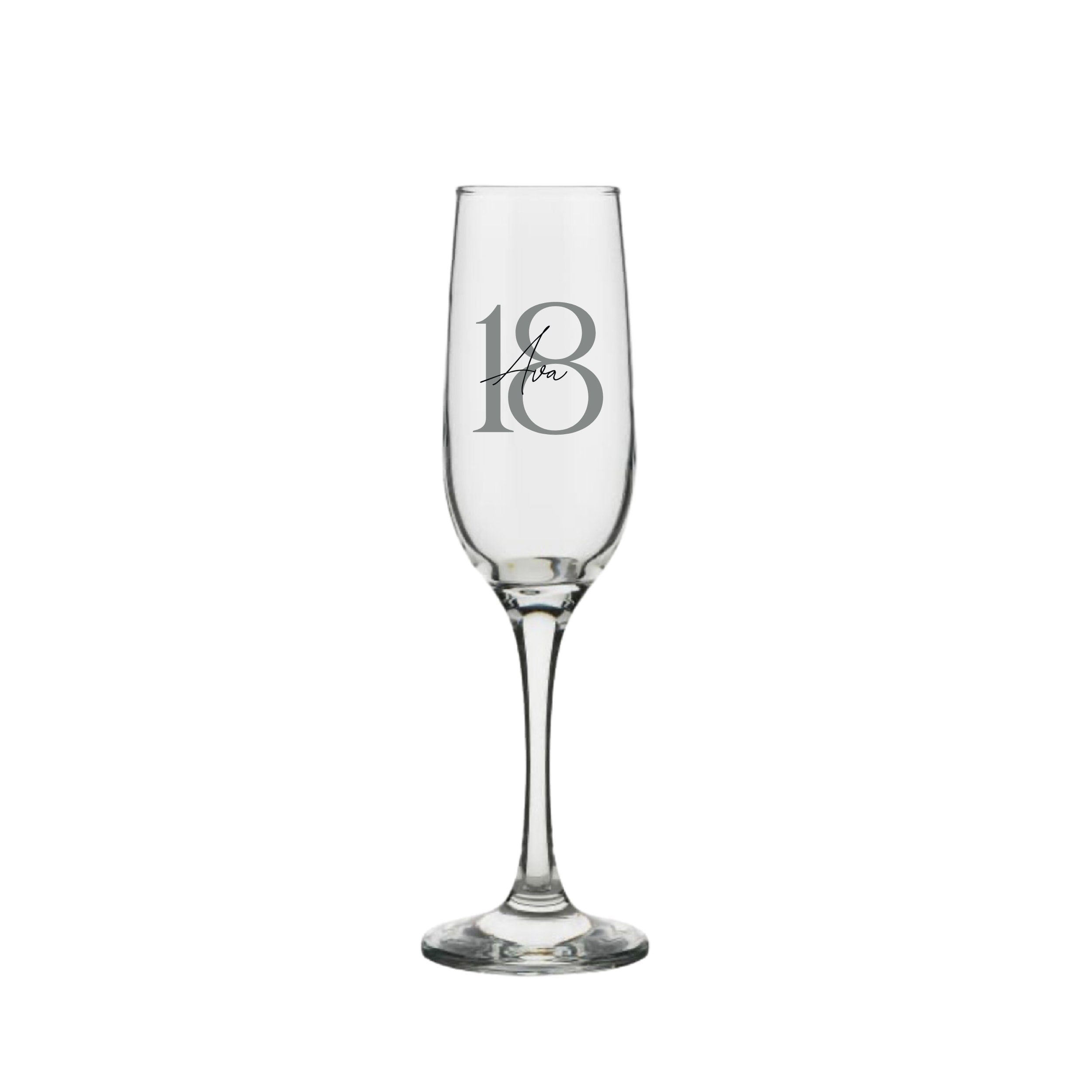 Personalised milestone champagne glass with soft serif and script font, featuring custom engraving for special occasions.