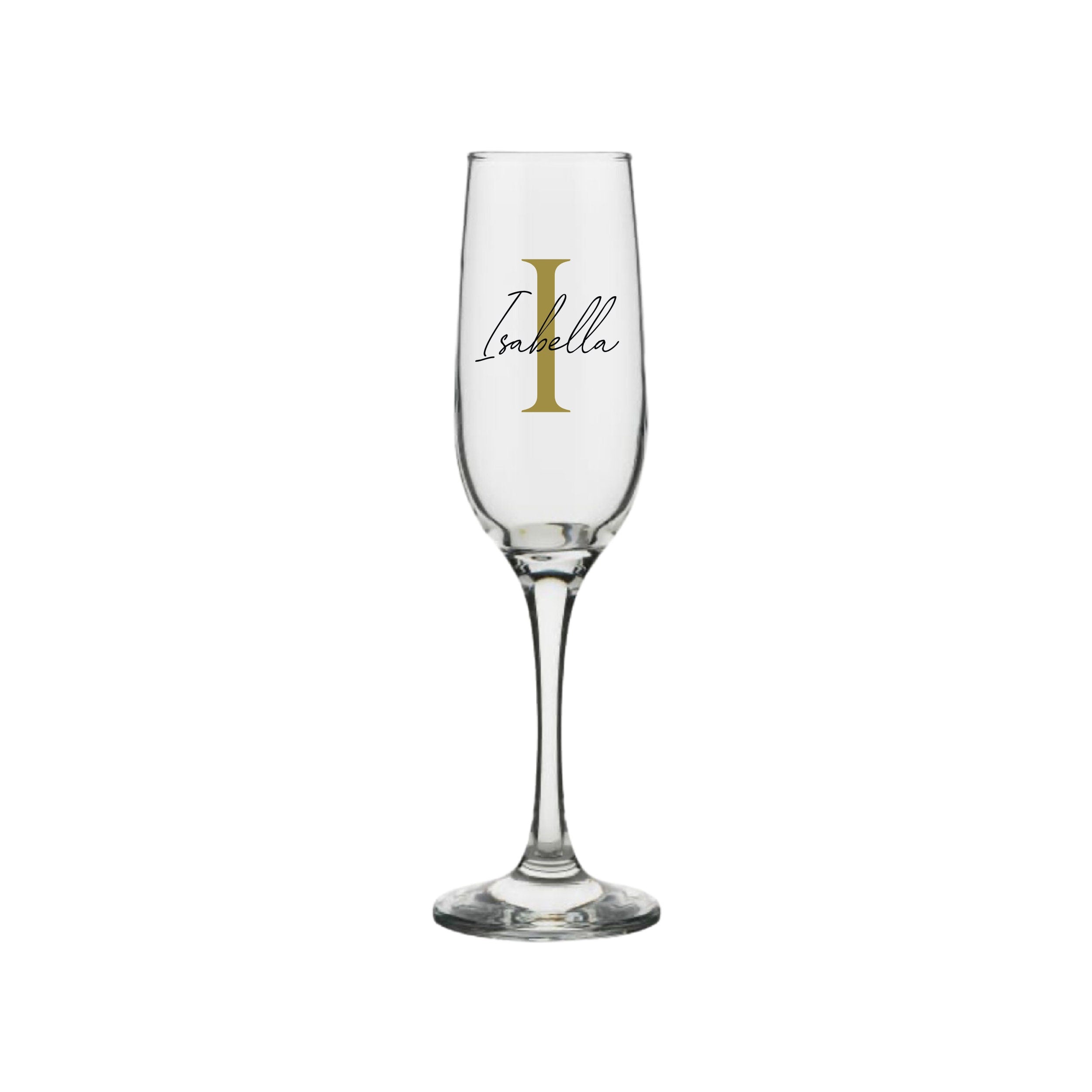 Personalised milestone champagne glass with soft serif and script font from Make It Personal Gift Co, featuring custom engraving.