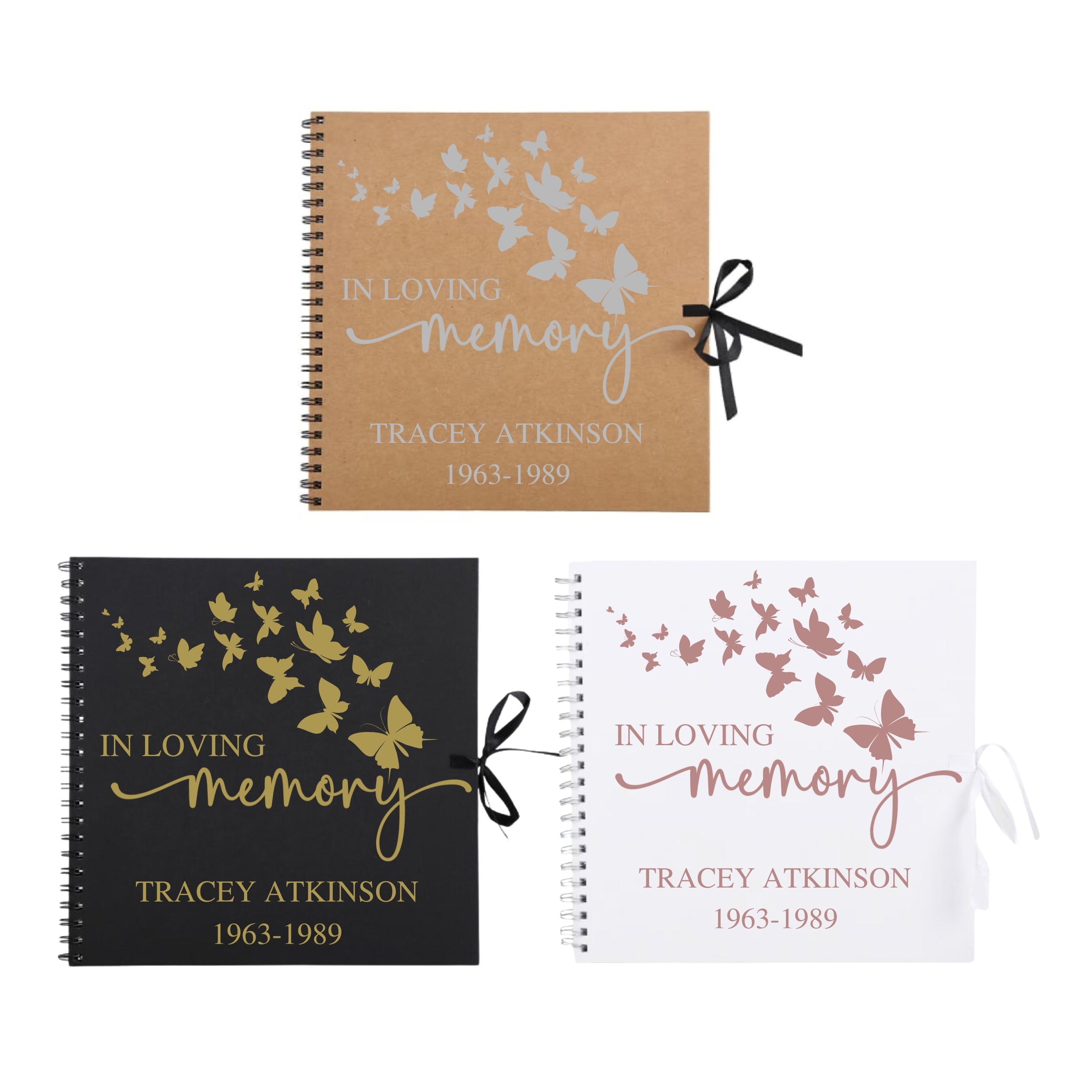 Personalised 12x12 In Loving Memory guestbook with butterfly cover from Make It Personal Gift Co, featuring floral and butterfly design.
