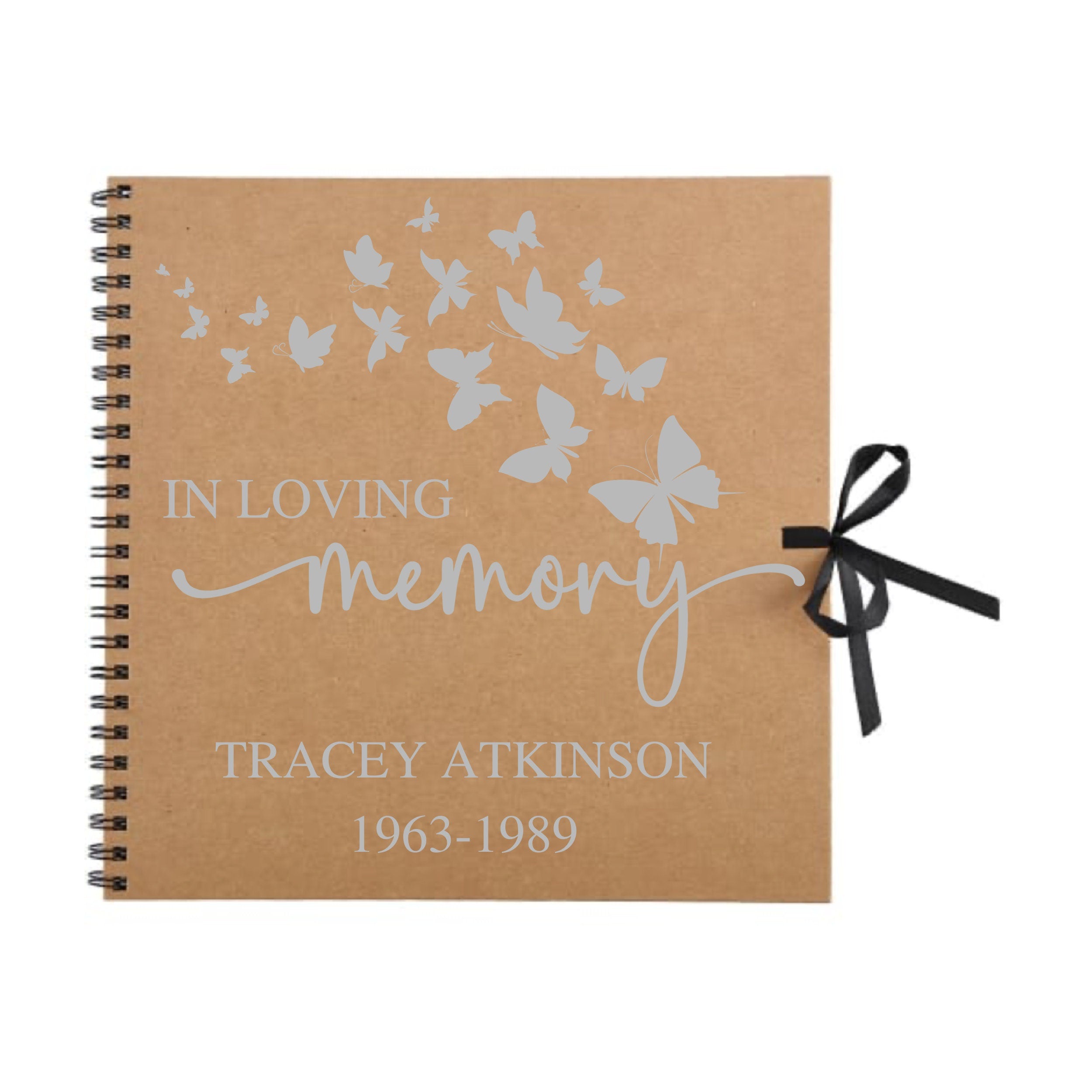Personalized 12x12 guestbook with butterfly cover by Make It Personal Gift Co, featuring floral and butterfly design for memorial occasions.