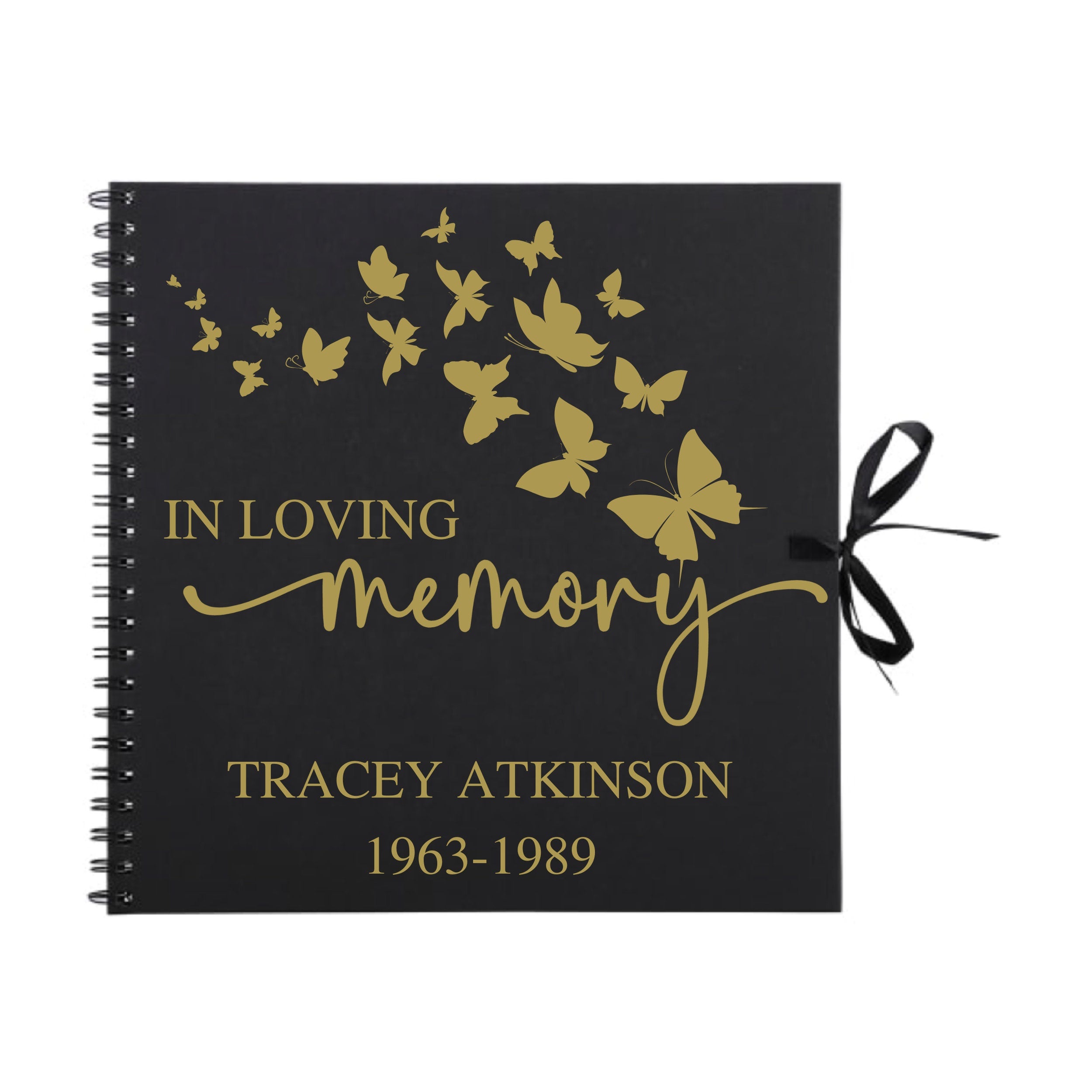 Personalised 12x12 guestbook with butterfly cover by Make It Personal Gift Co, featuring floral and butterfly design for memorial occasions.