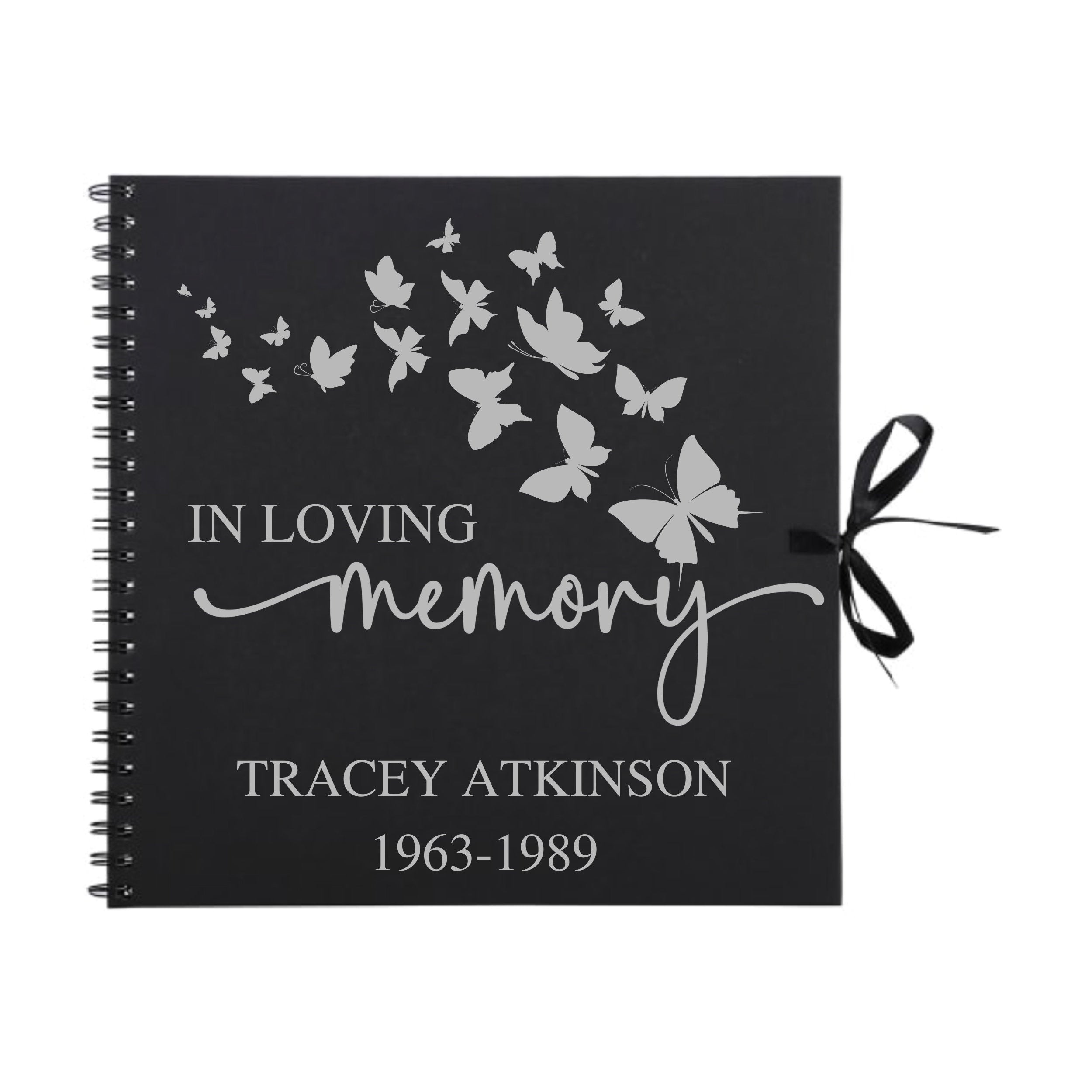 Personalised 12x12 guestbook with butterfly cover by Make It Personal Gift Co, featuring elegant butterfly design and space for guest signatures.