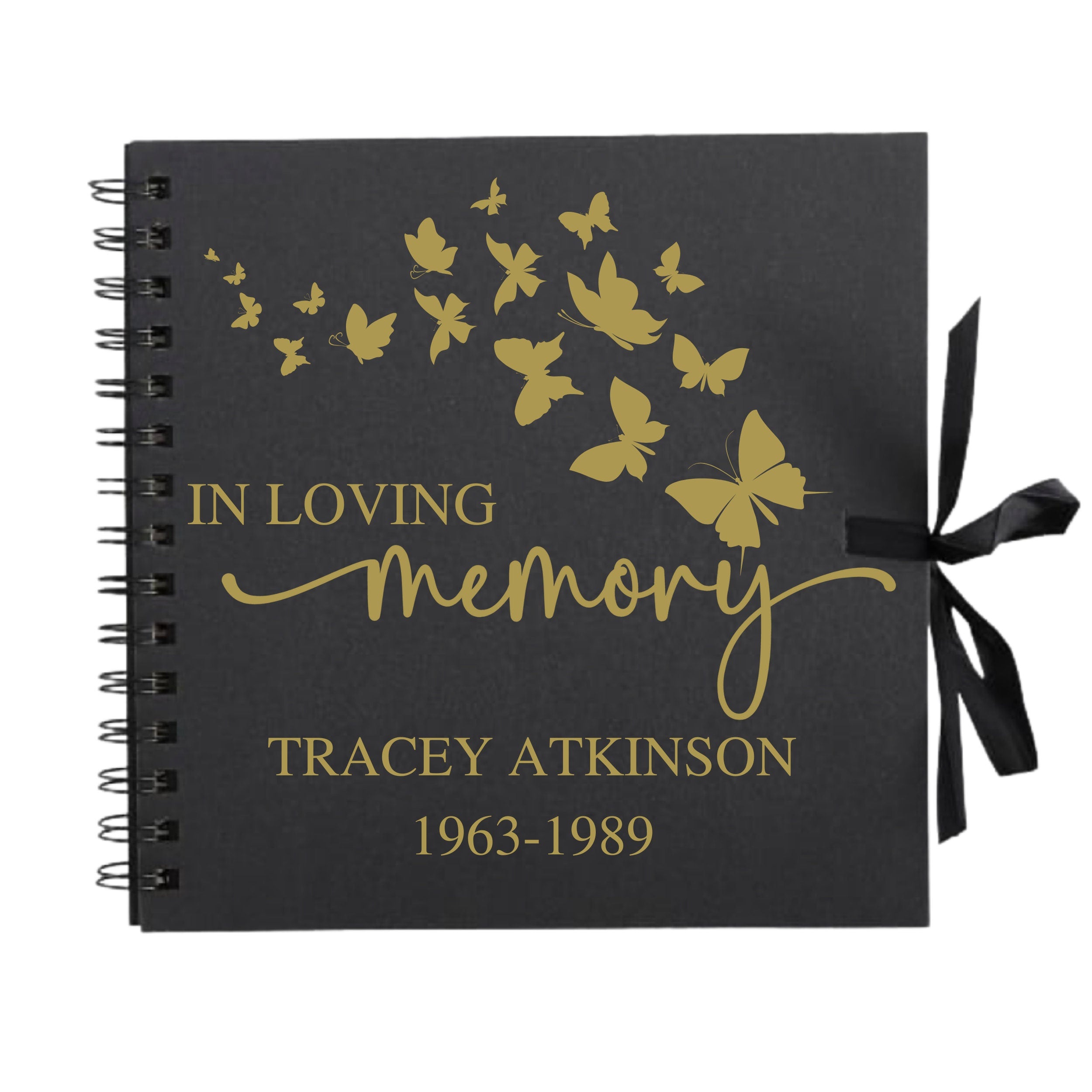 In Loving Memory personalized 8x8 guestbook with butterfly cover by Make It Personal Gift Co, showcasing a heartfelt memorial design.
