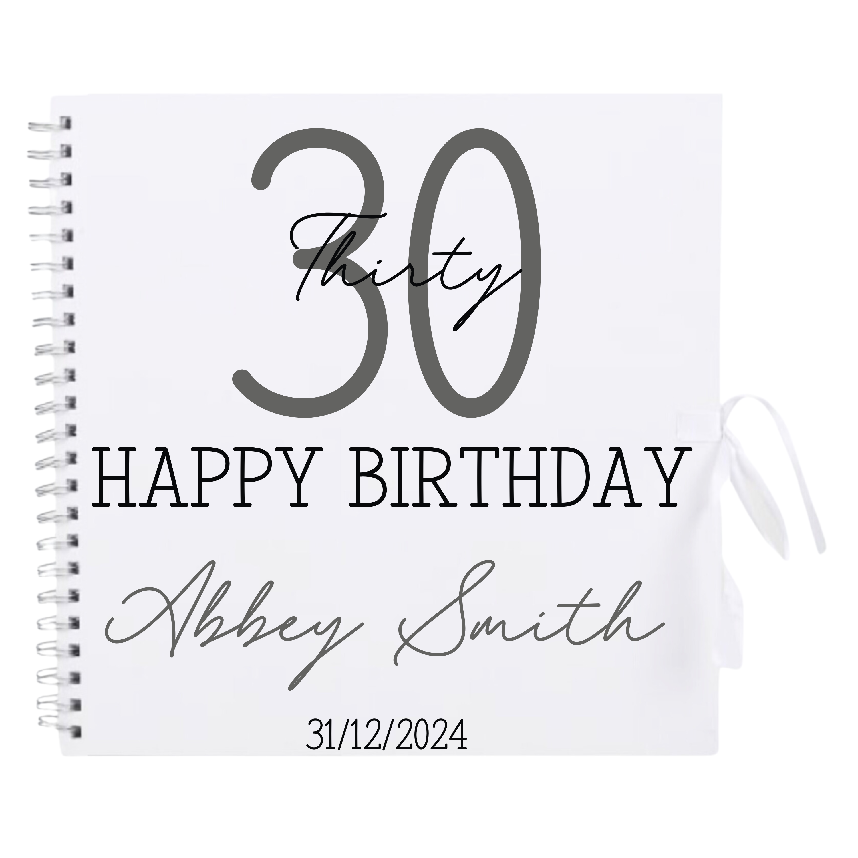 Personalised 12x12 birthday scrapbook album by Make It Personal Gift Co with elegant script style cover and white finish.