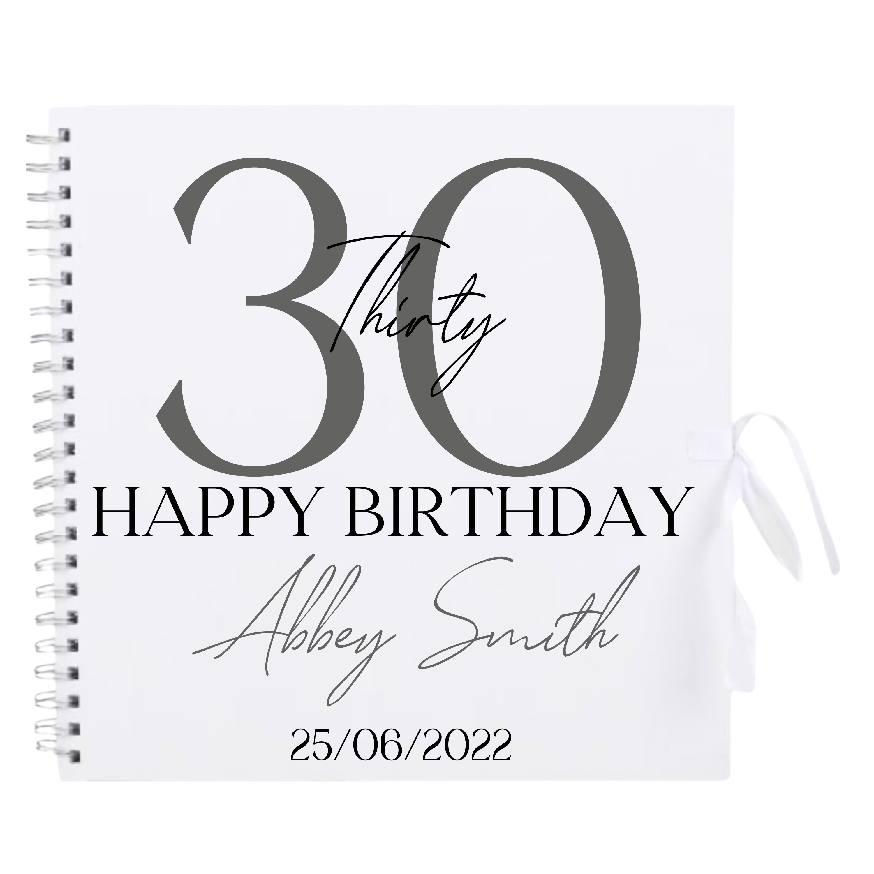 Personalised 12x12 birthday scrapbook album by Make It Personal Gift Co with soft serif style, white cover, and decorative details.
