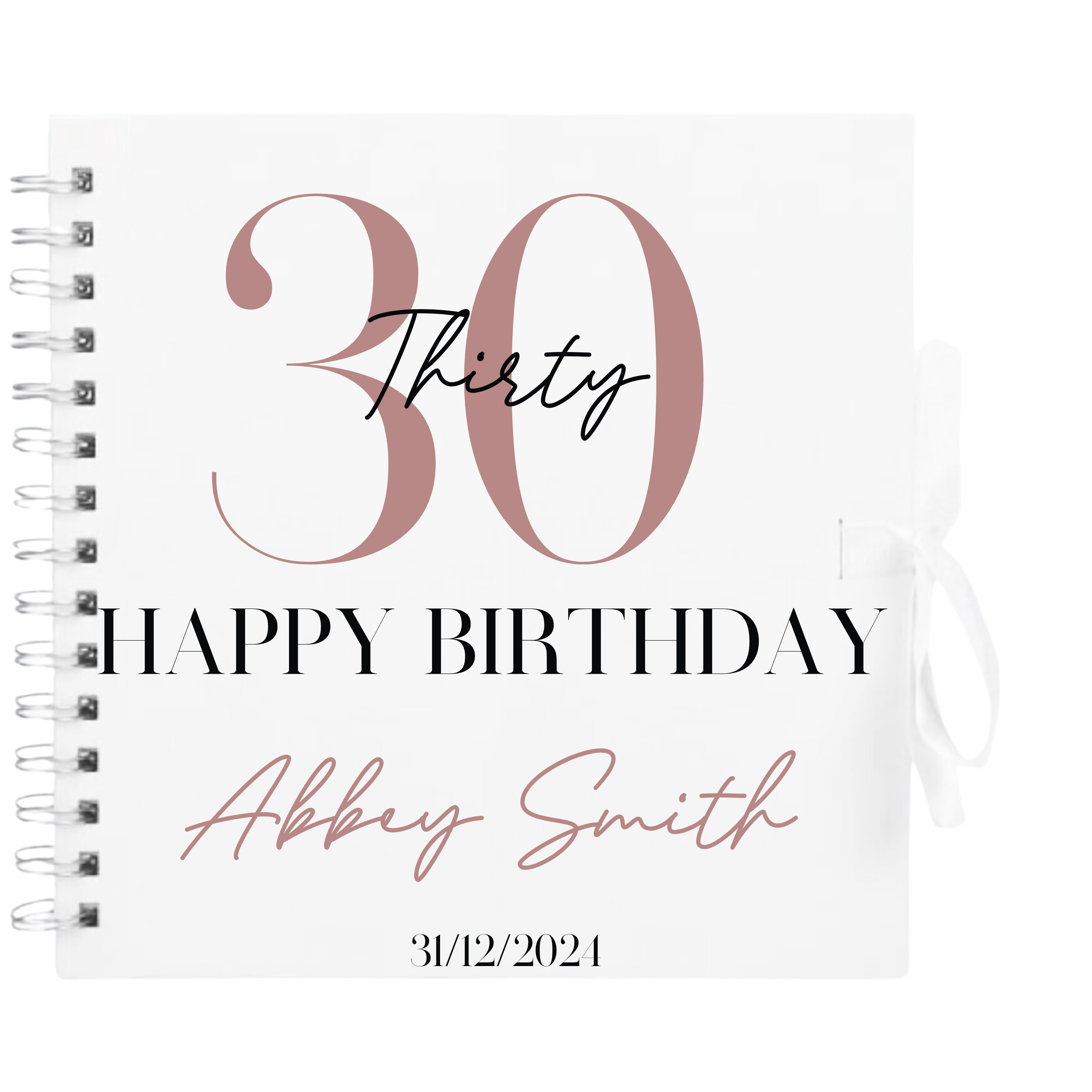 Personalised 8x8 birthday scrapbook album by Make It Personal Gift Co in bold serif style with white cover and decorative design.