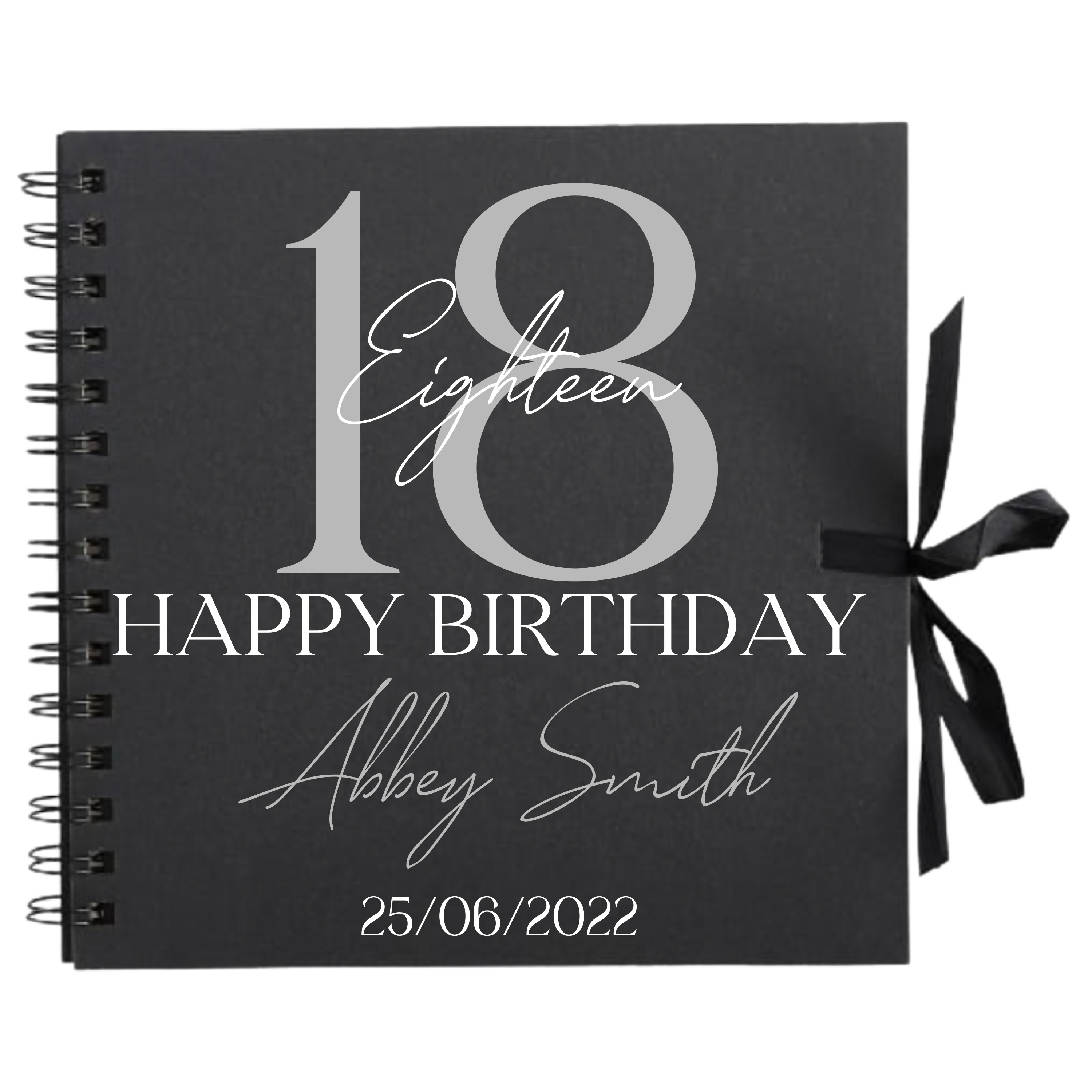 Personalised 8x8 birthday scrapbook album with soft serif style from Make It Personal Gift Co, featuring a white cover and decorative details.