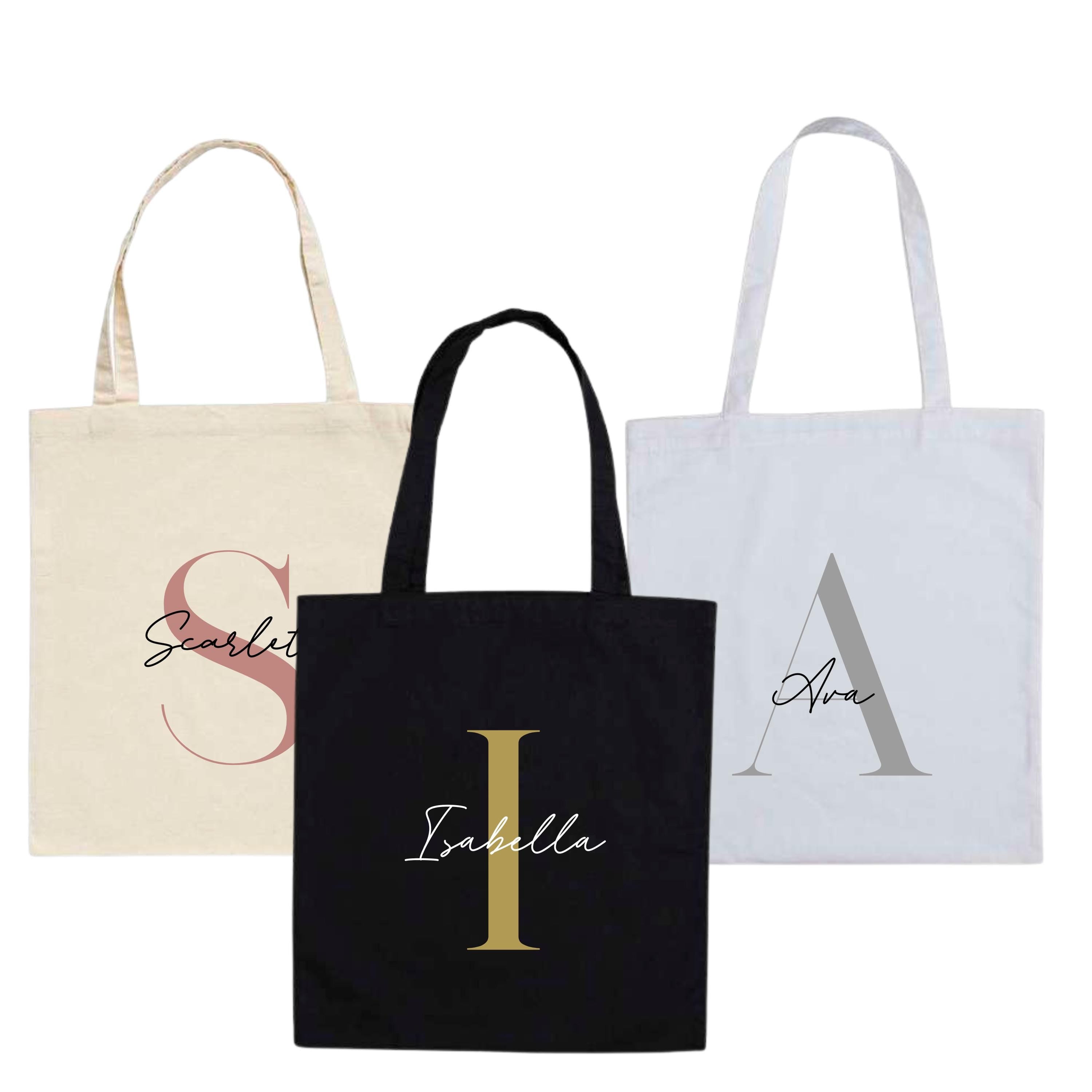 Personalised tote bag with initials and name in elegant serif and script fonts, made by Make It Personal Gift Co.