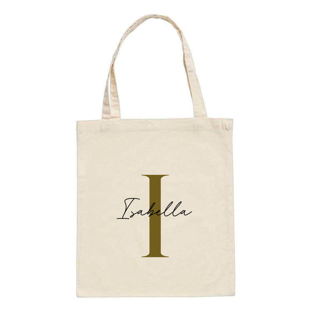 White personalized tote bag from Make It Personal Gift Co with elegant serif and script initials and name design.