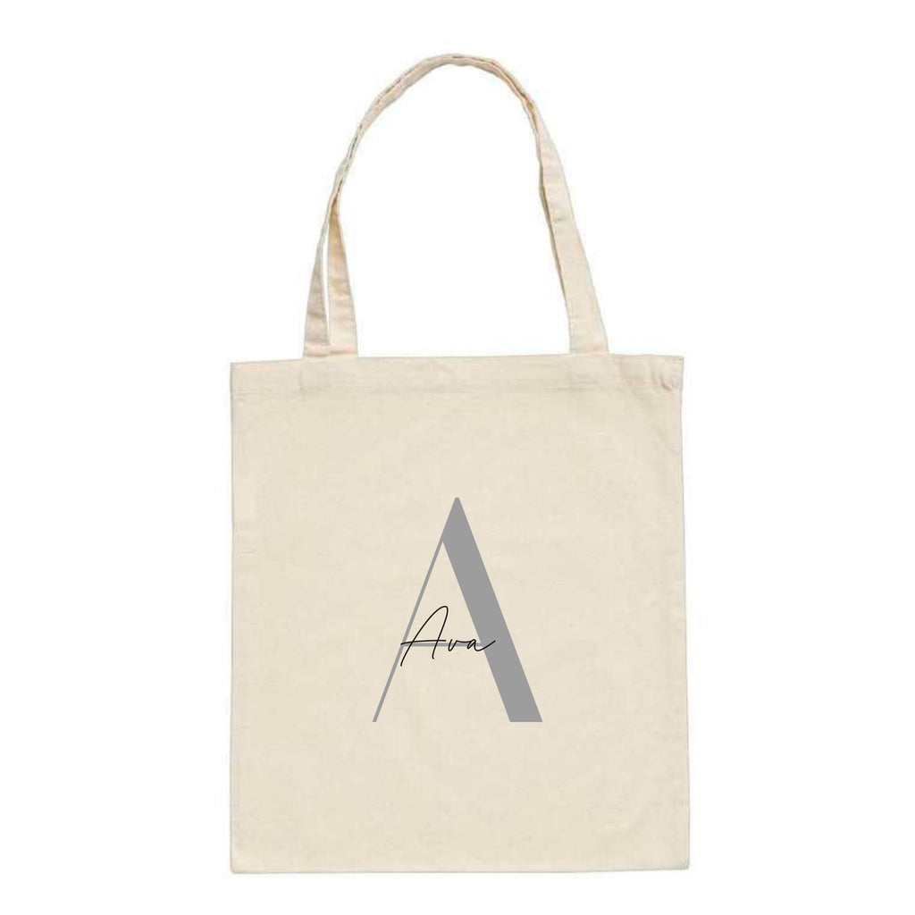 White personalised tote bag with modern script and sans-serif initials and name, made by Make It Personal Gift Co.