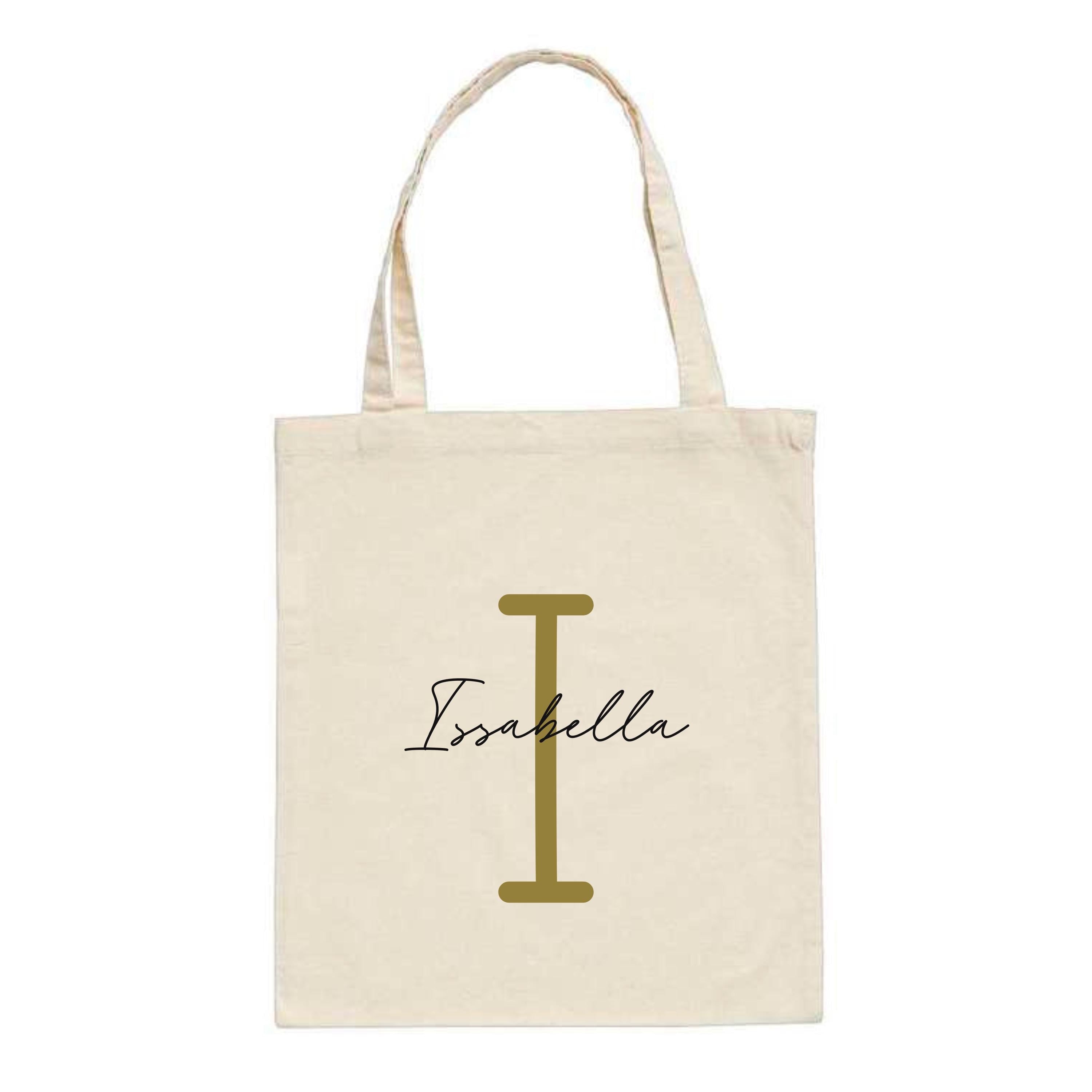 Personalised tote bag with monoline script and slab serif initials and name, made by Make It Personal Gift Co.