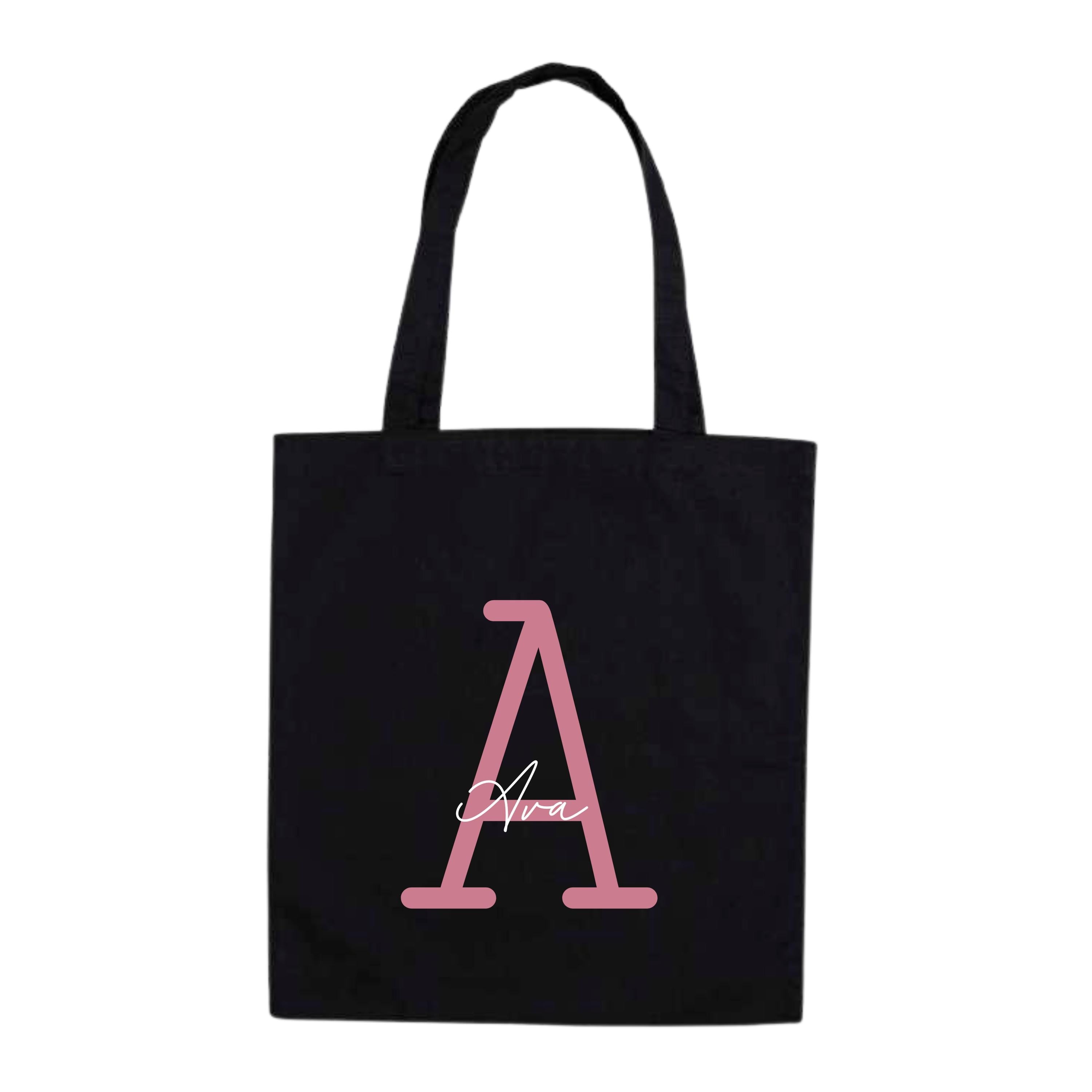 White personalised tote bag with monoline script and slab serif initials, custom name design by Make It Personal Gift Co.