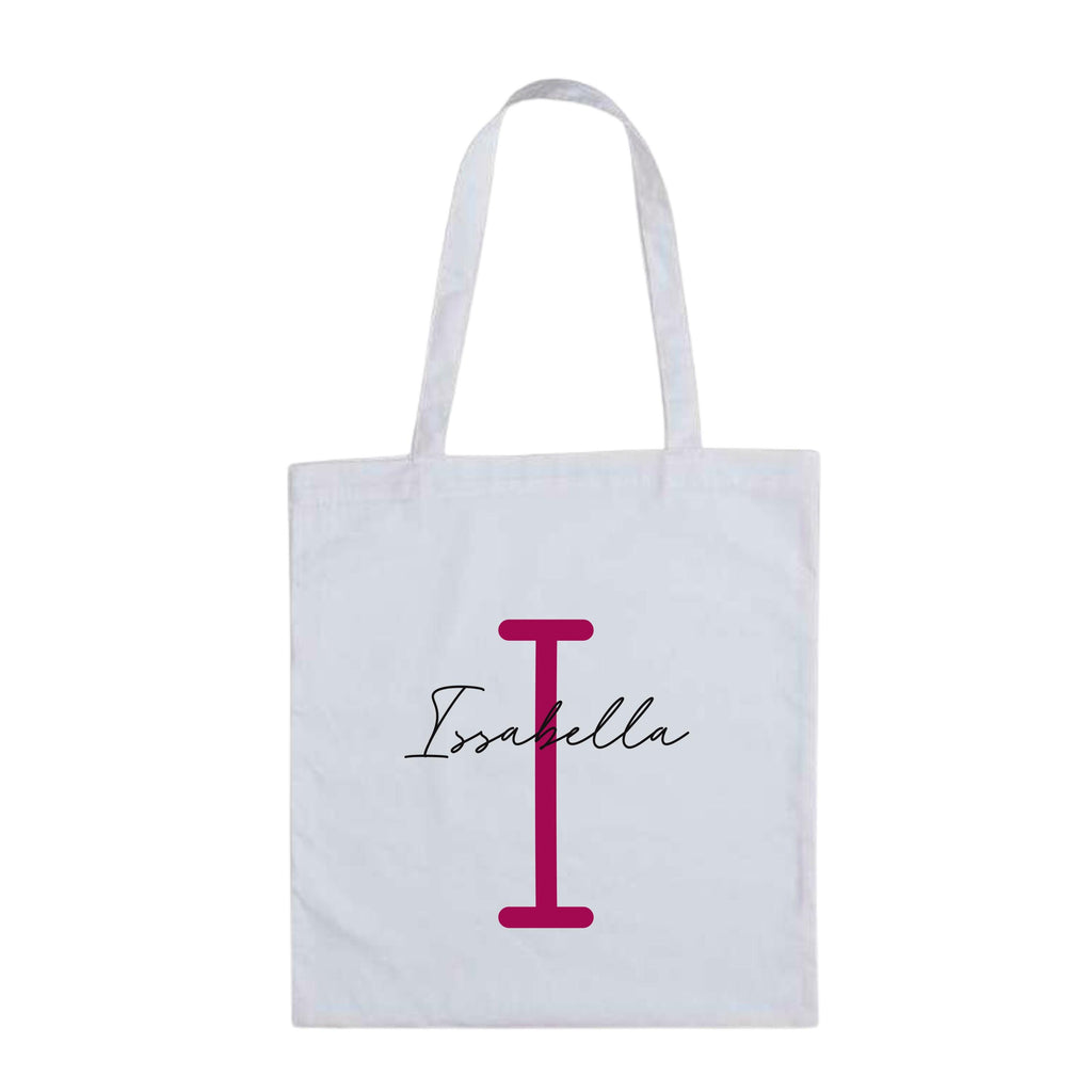 White personalised tote bag from Make It Personal Gift Co featuring monoline script and slab serif initials and name.