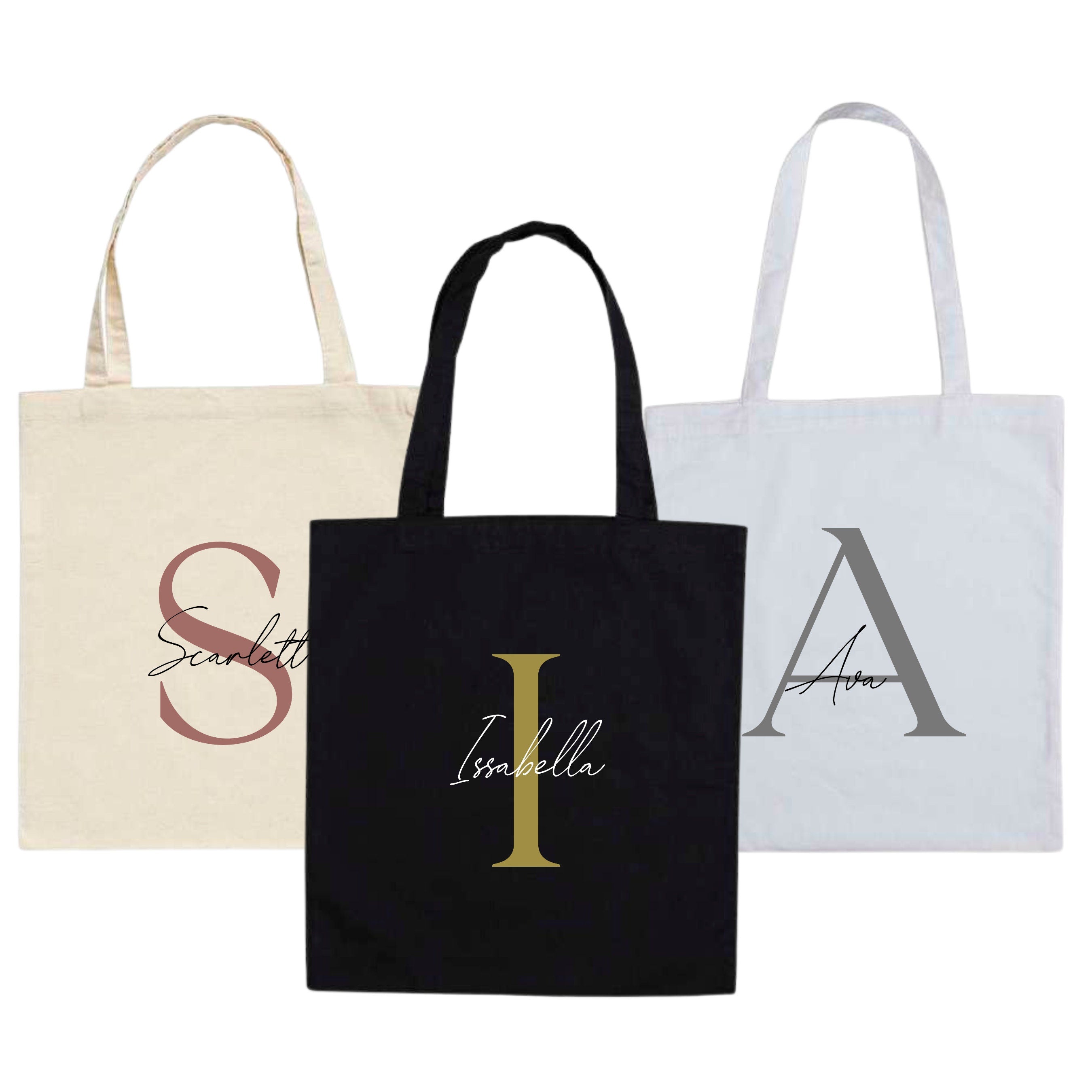 Personalised tote bag with name and initials in soft serif and script fonts, made by Make It Personal Gift Co.