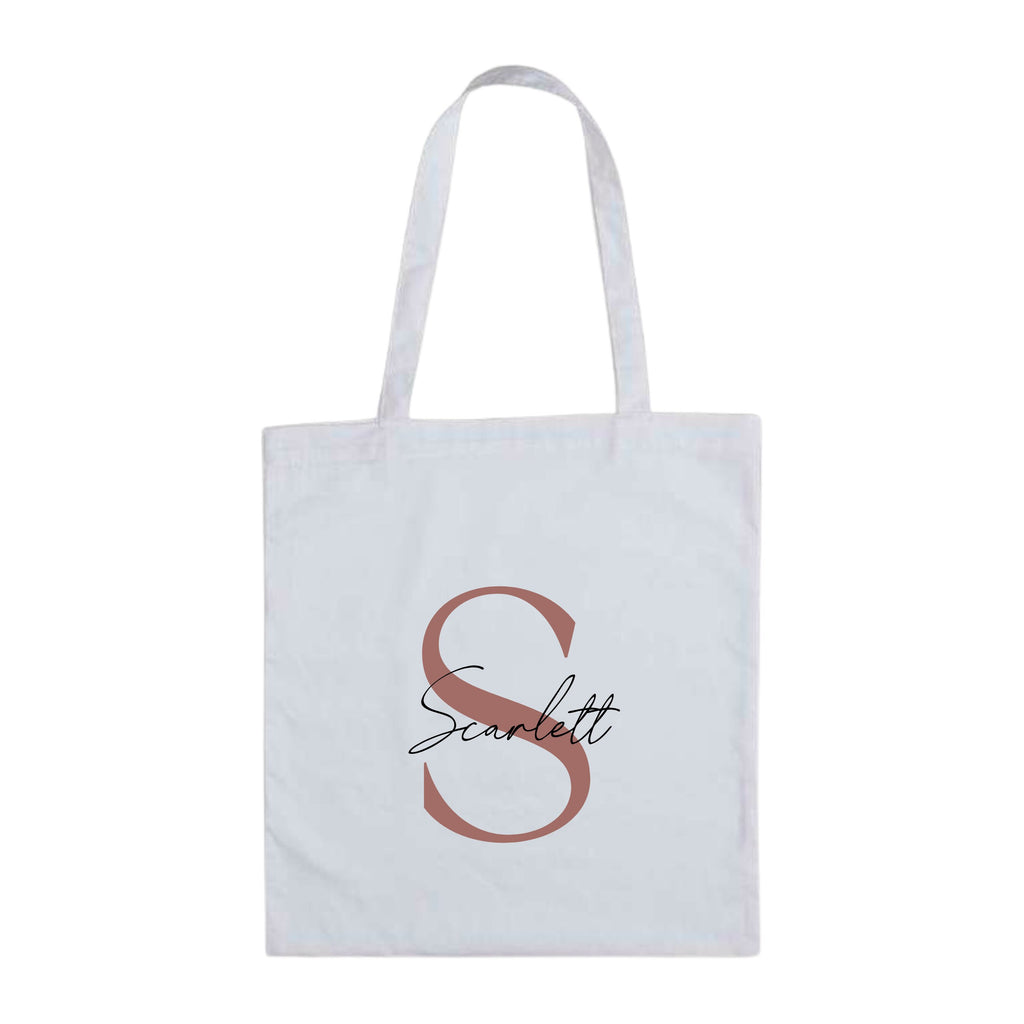 White personalised tote bag with soft serif and script font featuring customizable name and initials by Make It Personal Gift Co.