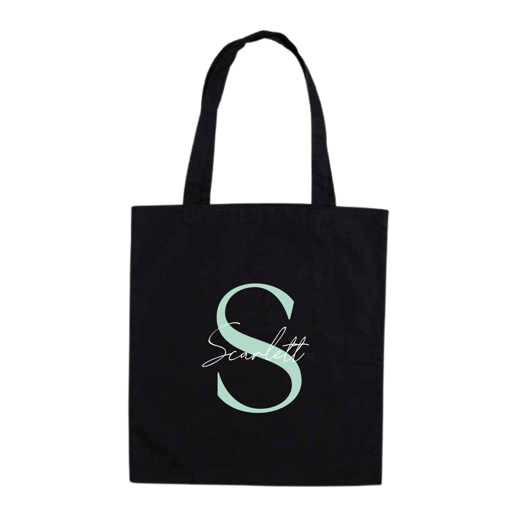 White personalized tote bag with name and initials in soft serif and script fonts by Make It Personal Gift Co.