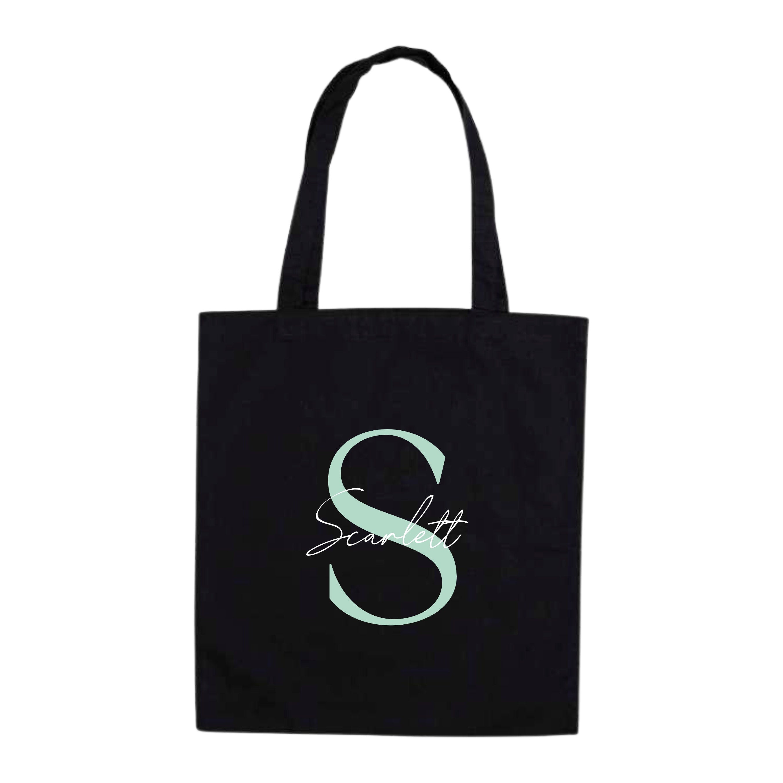 Personalised tote bag with initials and name in soft serif and script fonts, made by Make It Personal Gift Co.