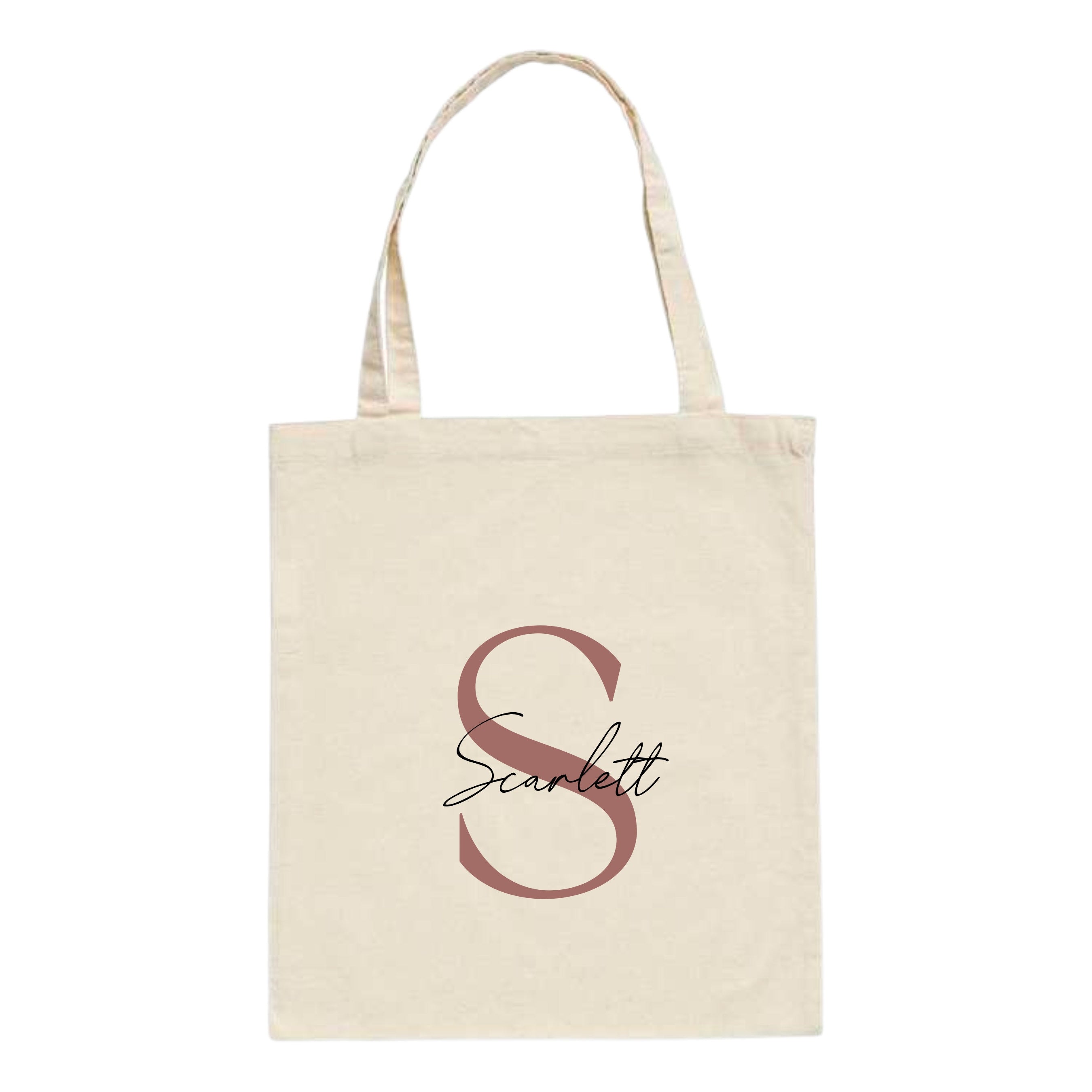 Personalised tote bag with white fabric featuring name and initials in soft serif and script fonts by Make It Personal Gift Co.