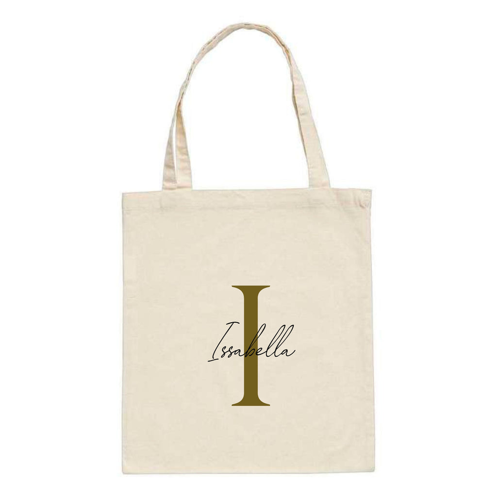 White personalized tote bag with soft serif and script font featuring name and initials, made by Make It Personal Gift Co.