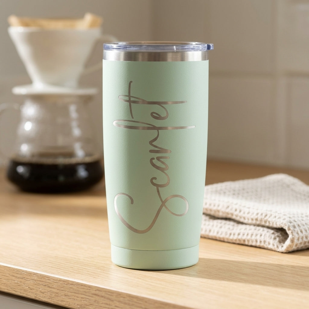 A mint green insulated travel tumbler with a clear lid and the word 'Scarlet' in metallic silver engraving, standing on a wooden countertop with a blurred coffee maker and folded cloth in the background.
