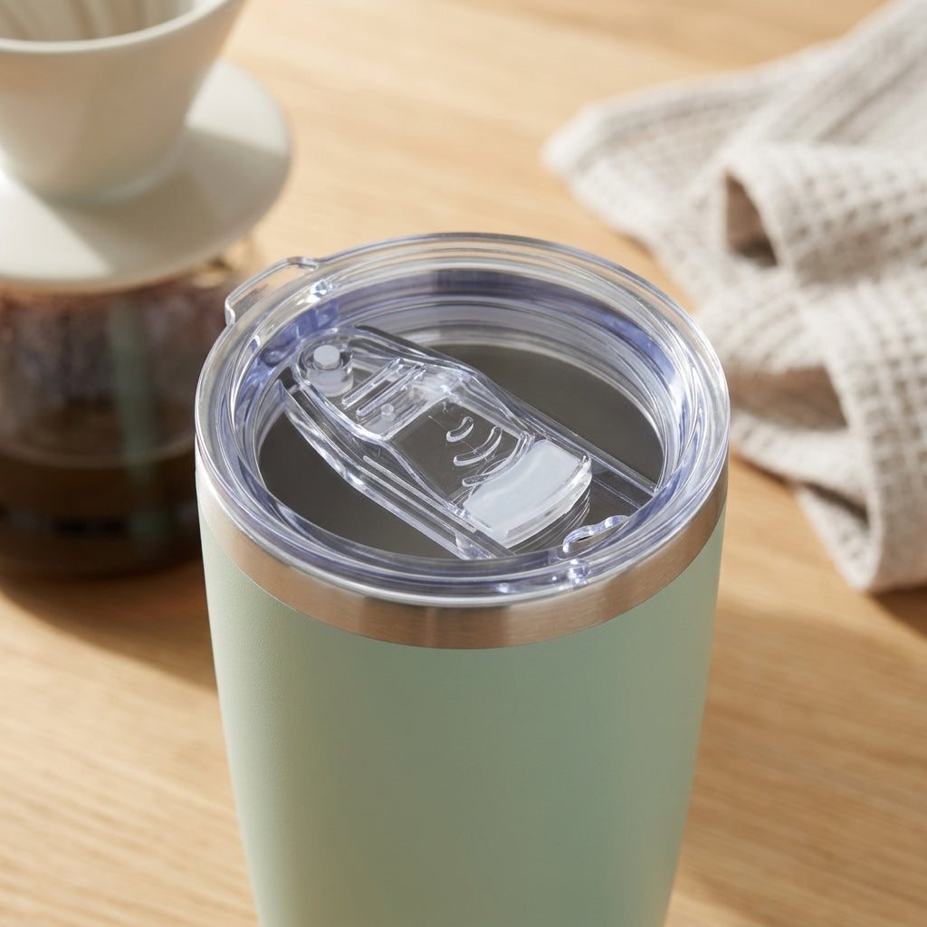 A mint green insulated tumbler with a clear lid and clear straw insert, shown on a wooden tabletop with a coffee maker and cloth in the background.