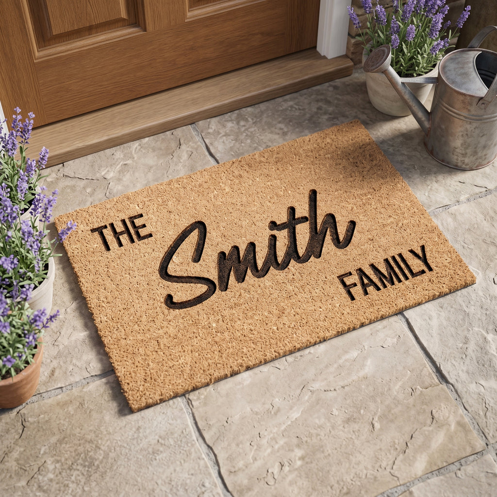 High angle view of a natural coconut fibre personalised entry mat displaying custom family text.
