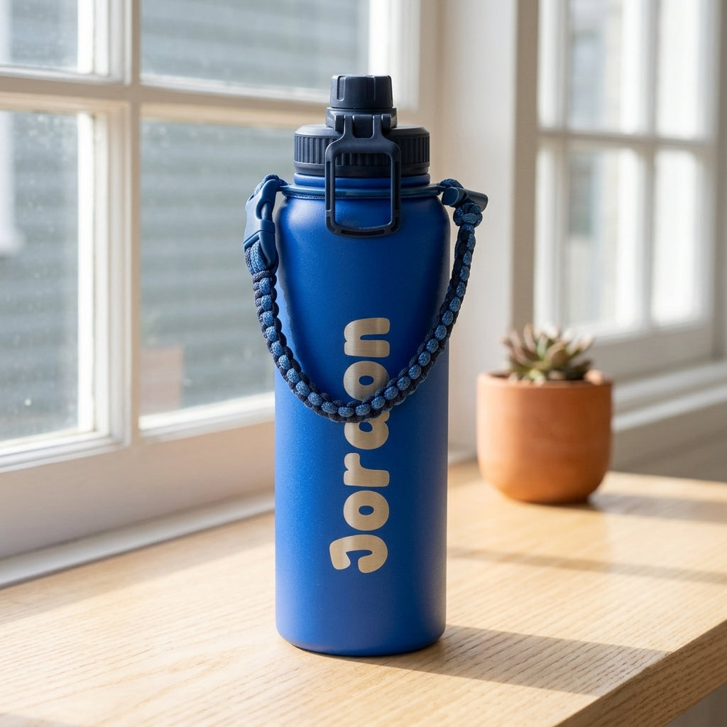Royal blue 1.1L double wall stainless steel drink bottle featuring vertical laser engraved name Jordon in Timeless font with matching blue paracord carry handle.
