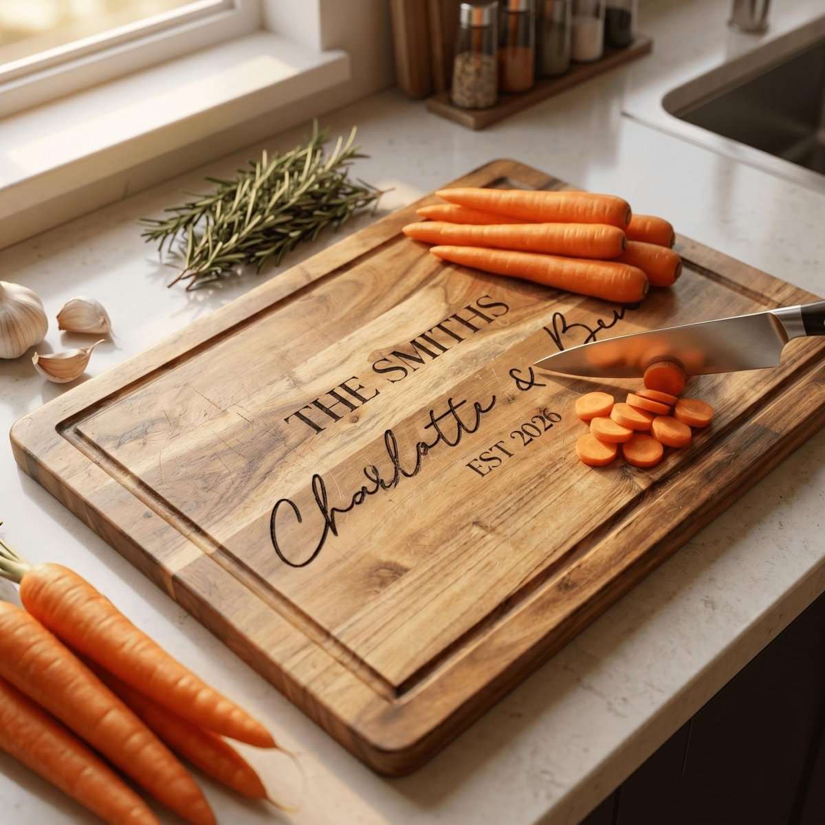Personalised engraved extra large acacia timber chopping board styled on an Australian kitchen benchtop with fresh ingredients.