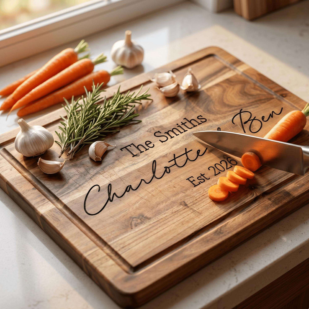 Personalised engraved extra large acacia timber chopping board styled on an Australian kitchen benchtop with fresh ingredients.