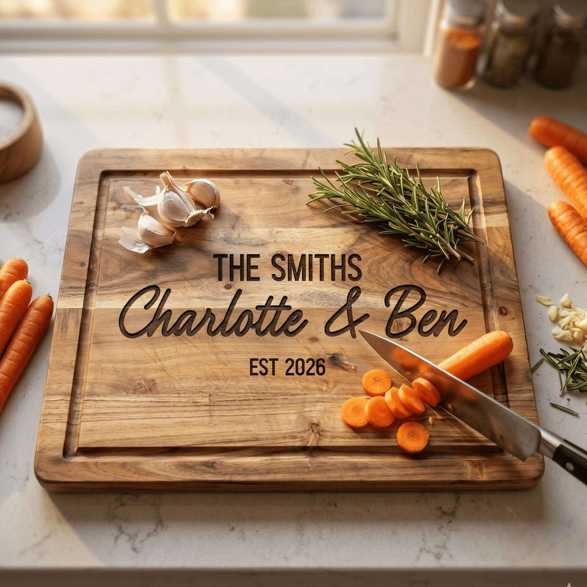 Personalised engraved extra large acacia timber chopping board styled on an Australian kitchen benchtop with fresh ingredients.