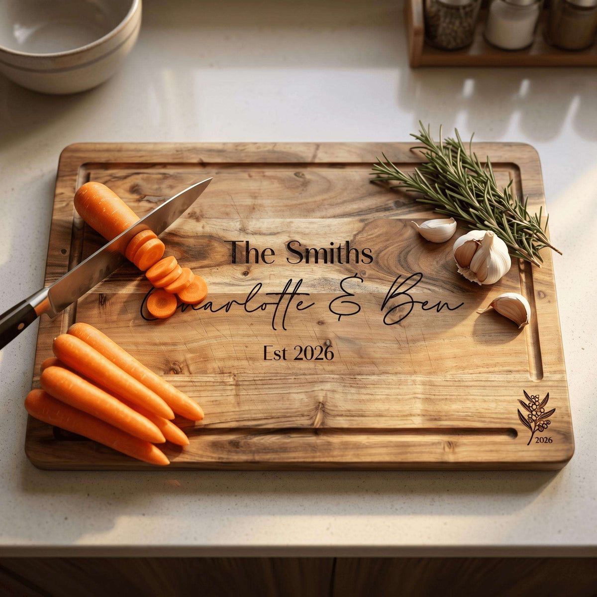 Personalised engraved extra large acacia timber chopping board styled on an Australian kitchen benchtop with fresh ingredients.