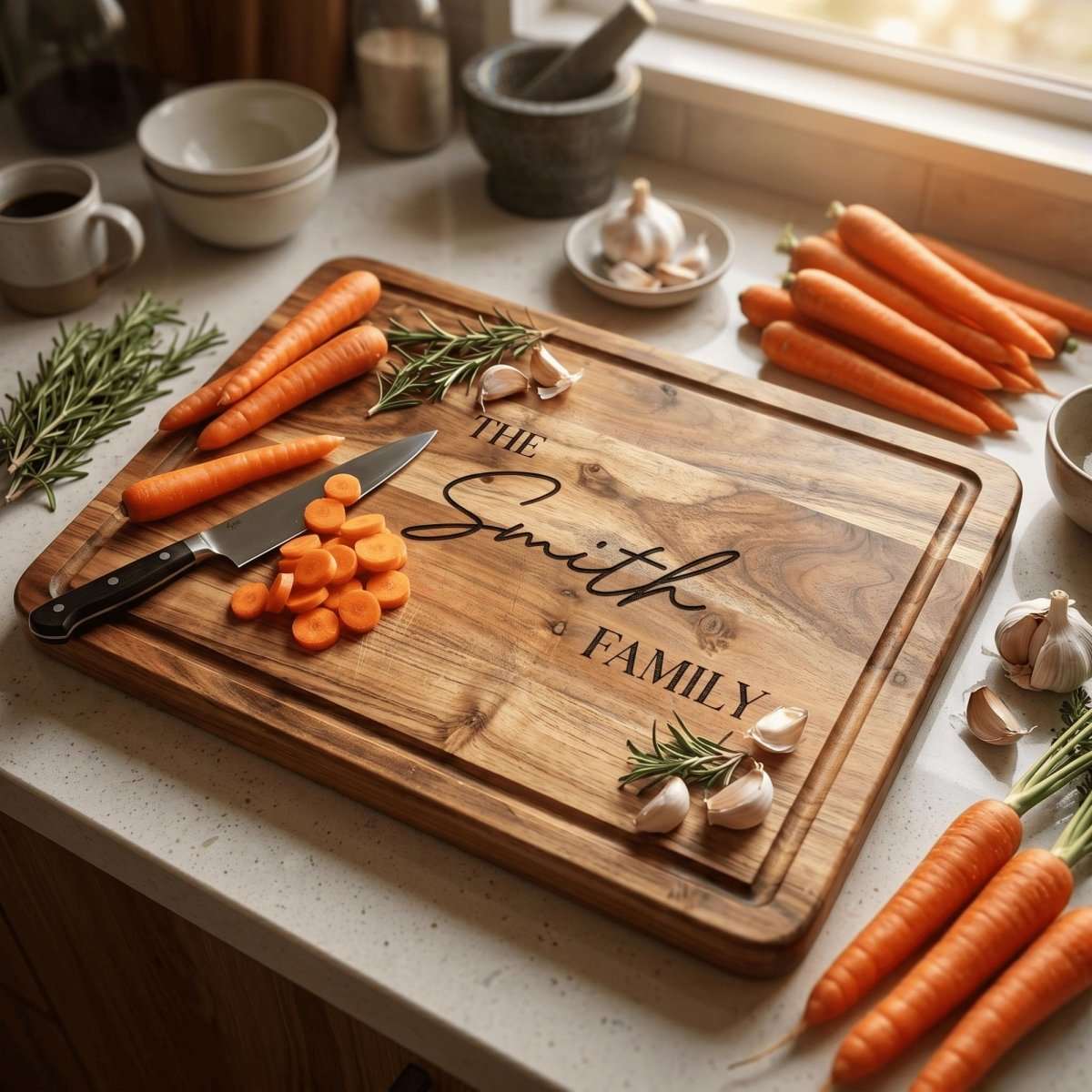 Personalised extra large 45cm by 35cm acacia wood chopping board laser engraved in Bespoke Heirloom script layout on solid timber surface.