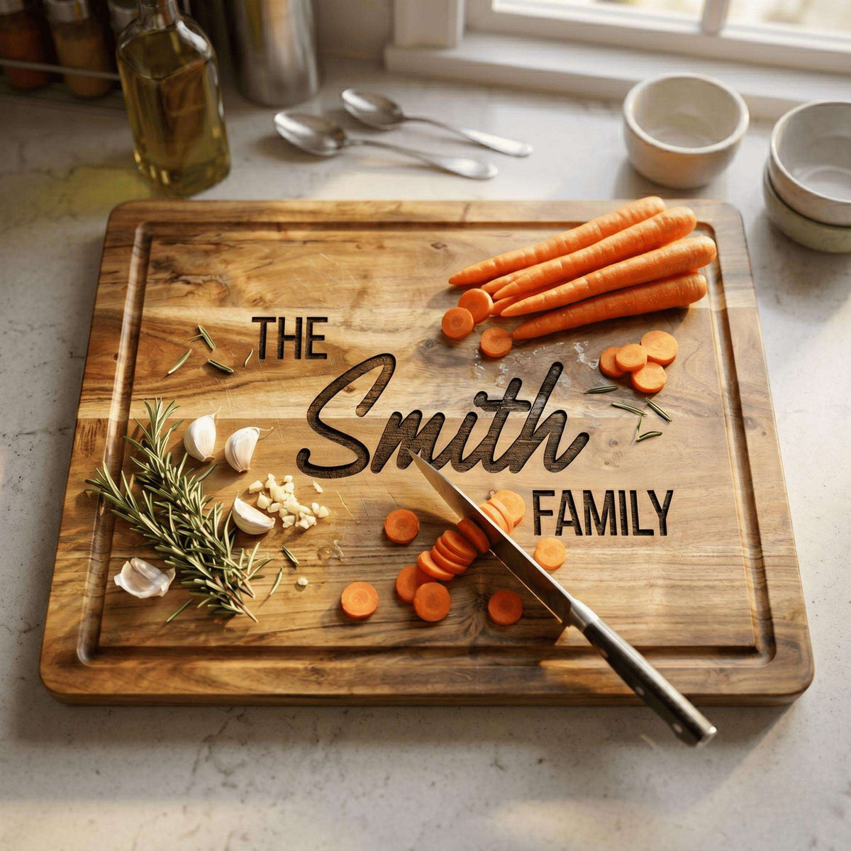 Personalised extra large 45cm by 35cm acacia wood chopping board laser engraved in Bold Contemporary layout on solid timber surface.