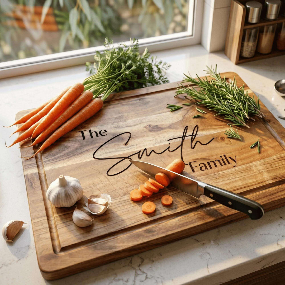 Personalised extra large 45cm by 35cm acacia wood chopping board laser engraved in Modern Elegance layout on solid timber surface.