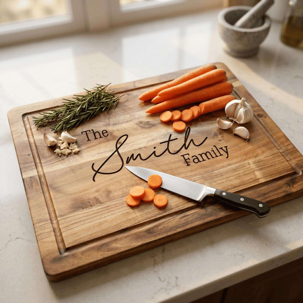 Personalised extra large 45cm by 35cm acacia wood chopping board laser engraved in Timeless Classic layout on solid timber surface.