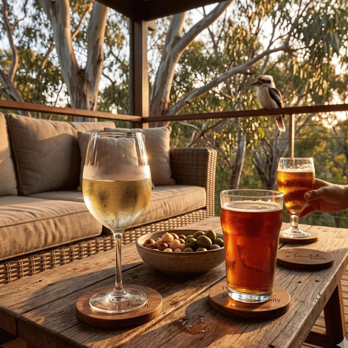 Personalised engraved acacia timber coasters styled on an Australian coffee table with drinks.