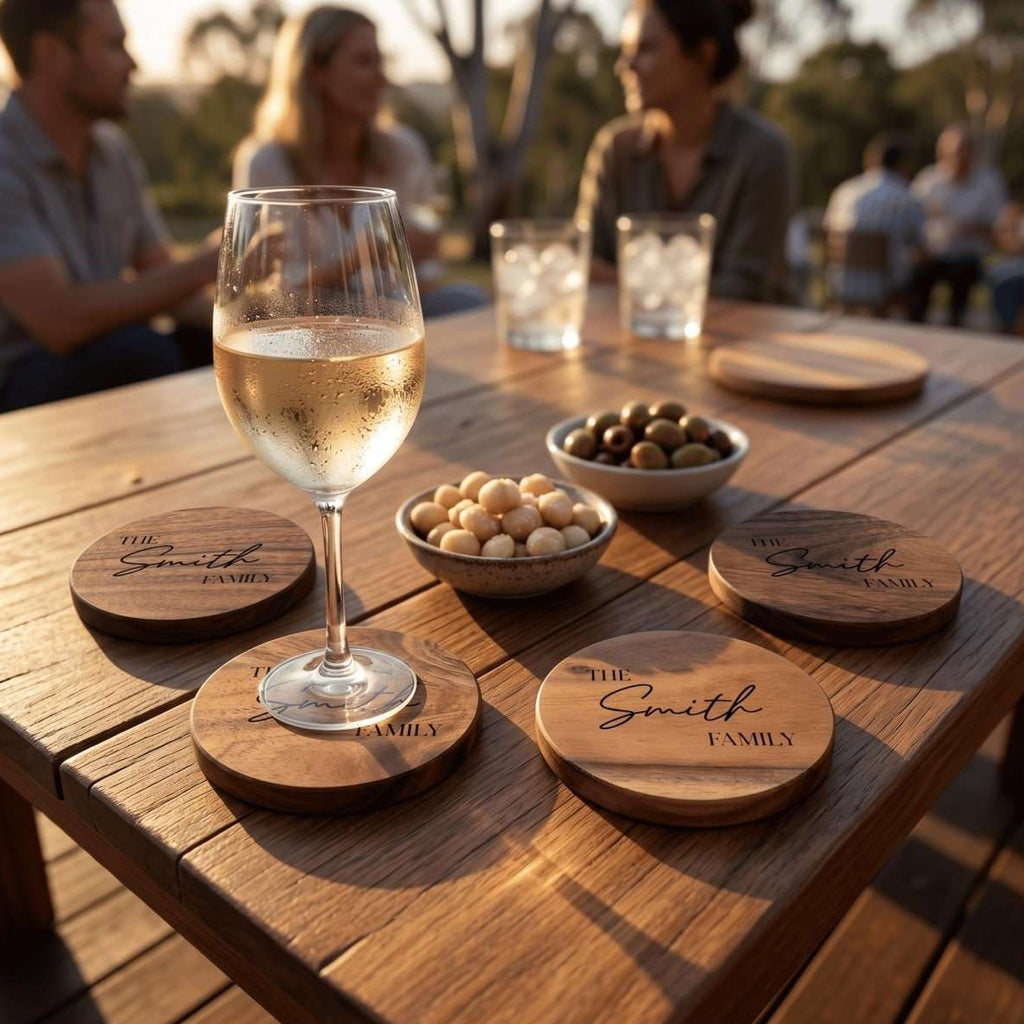 Personalised 10cm by 10cm acacia wood coaster set laser engraved in Bespoke Heirloom typography on natural timber surface.