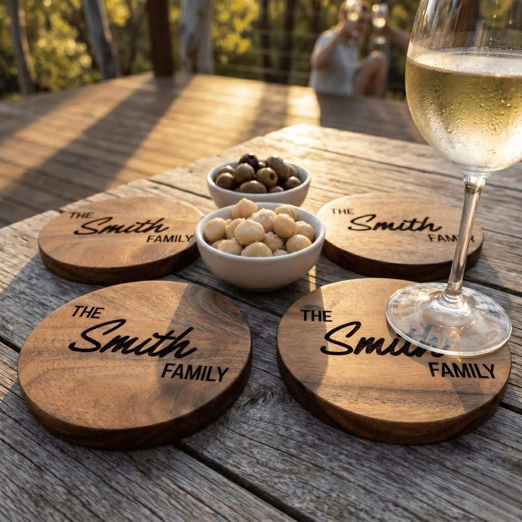 Personalised Acacia Wood Coasters Bold Contemporary Edition - Make It Personal Gift Co