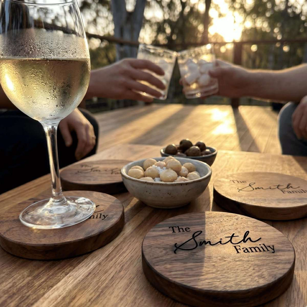 Personalised Acacia Wood Coasters Timeless Classic Edition - Make It Personal Gift Co