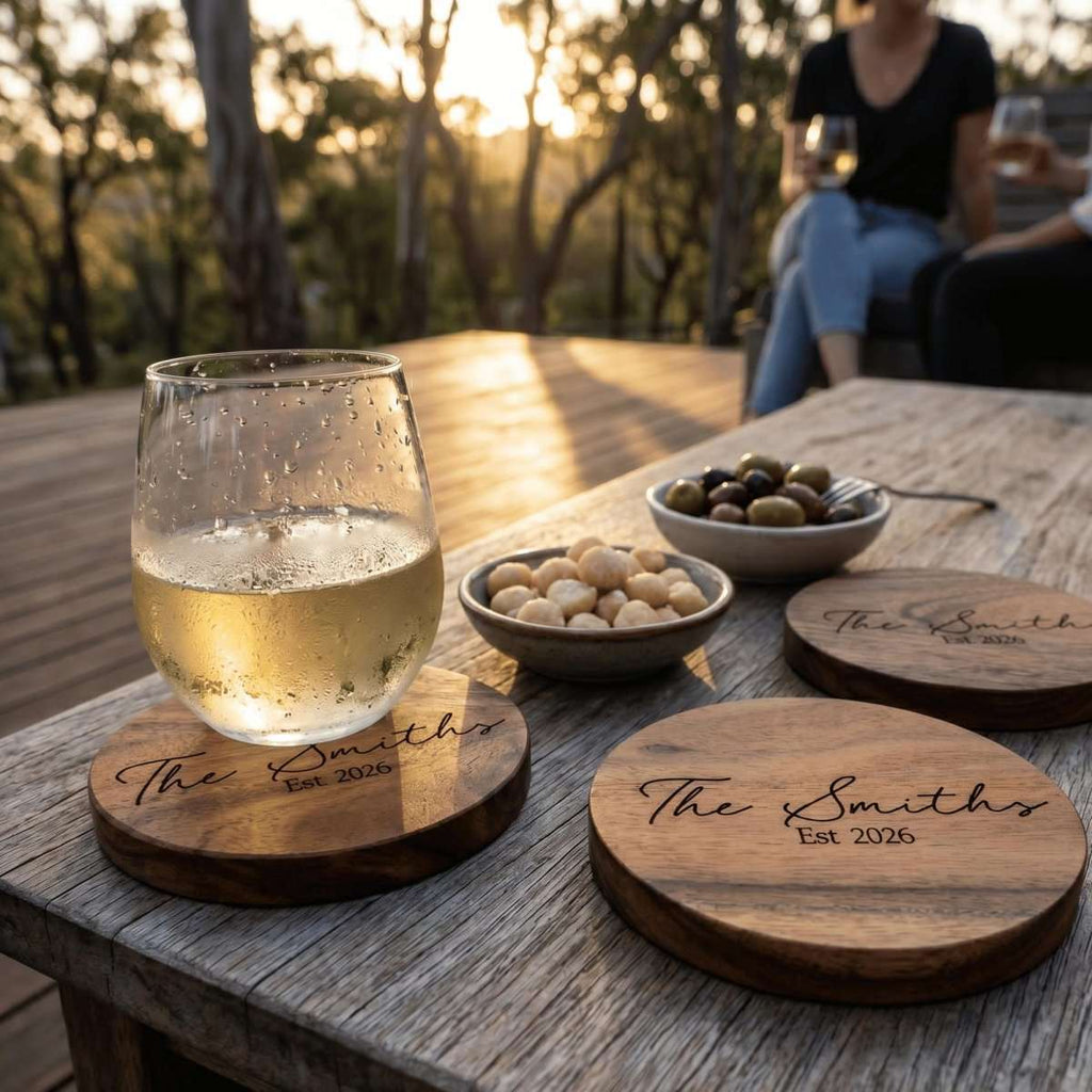 Personalised Acacia Wood Coasters Timeless Classic Edition - Make It Personal Gift Co