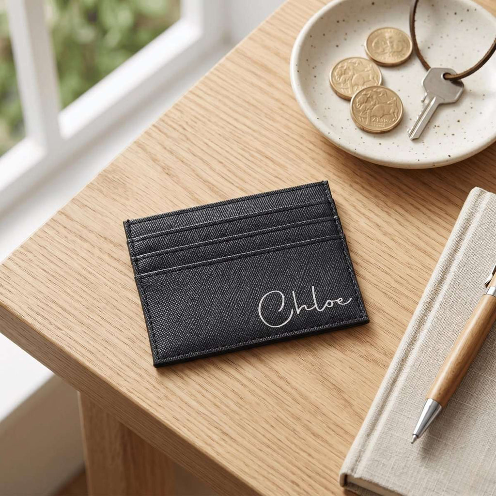 Personalised Black Vegan Leather Card Wallet - Make It Personal Gift Co