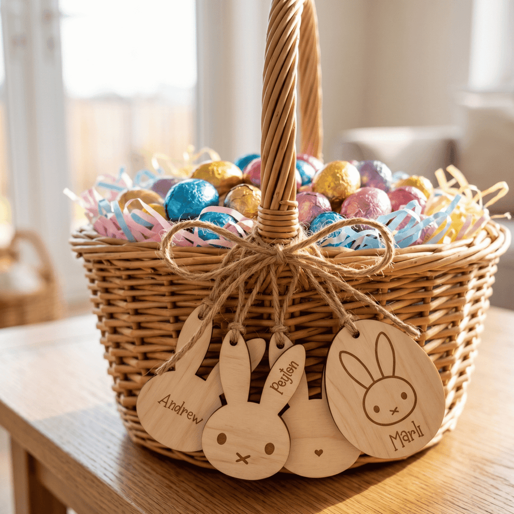 Personalised Bunny Face Name Tag – Custom Wood or Acrylic Basket Label - Make It Personal Gift Co