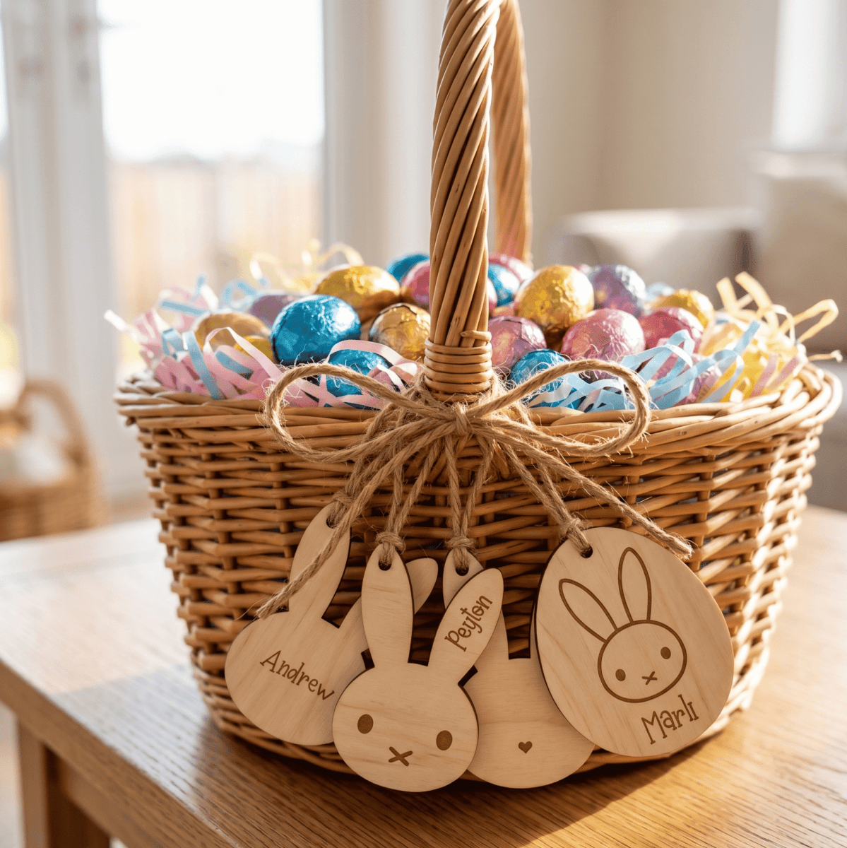 Personalised Bunny Face Name Tag – Custom Wood or Acrylic Basket Label - Make It Personal Gift Co
