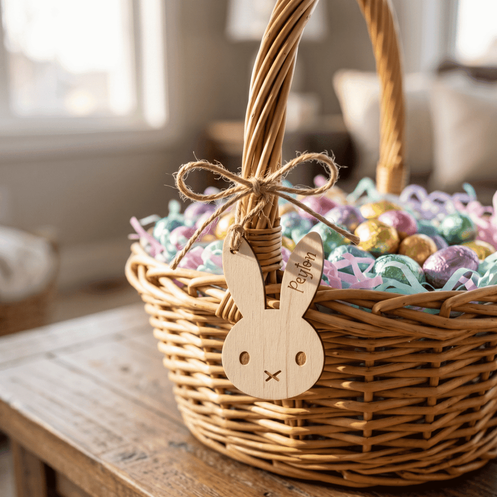 Personalised Bunny Face Name Tag – Custom Wood or Acrylic Basket Label - Make It Personal Gift Co