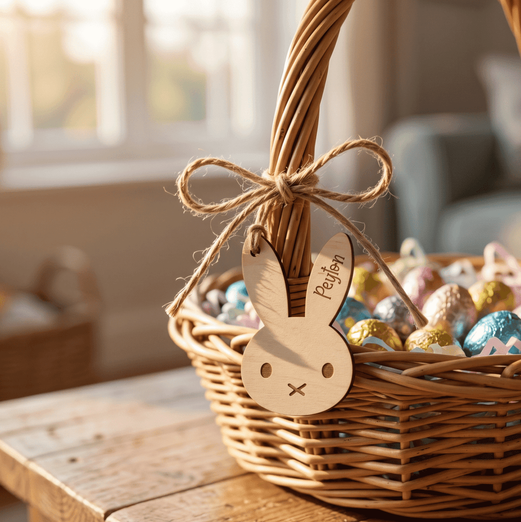 Personalised Bunny Face Name Tag – Custom Wood or Acrylic Basket Label - Make It Personal Gift Co