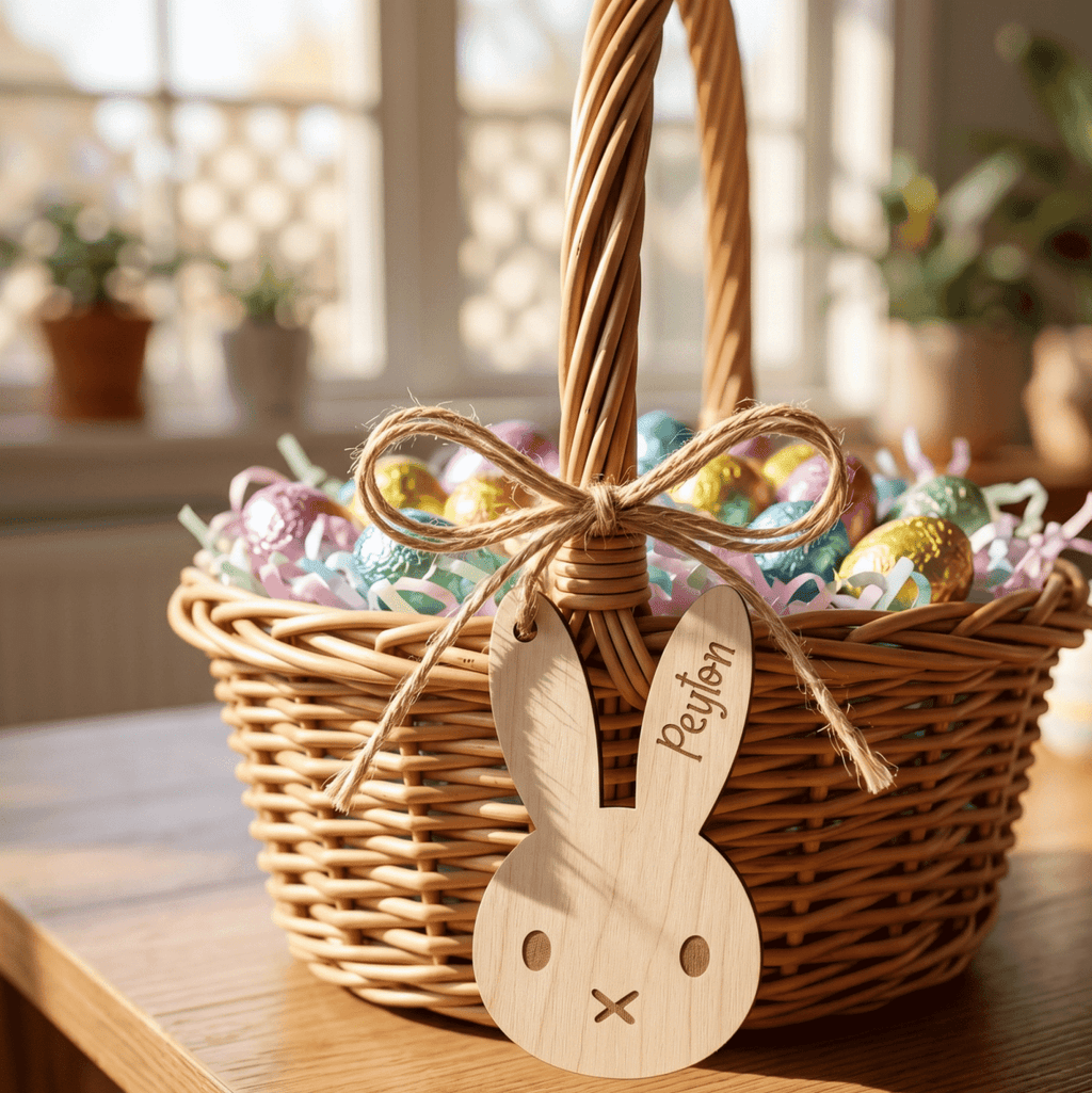 Personalised Bunny Face Name Tag – Custom Wood or Acrylic Basket Label - Make It Personal Gift Co