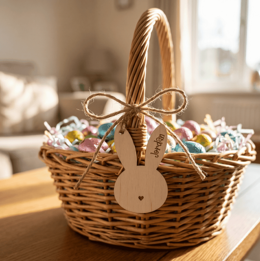 Personalised Easter Bunny Name Tag – Custom Wood or Acrylic Basket Label - Make It Personal Gift Co