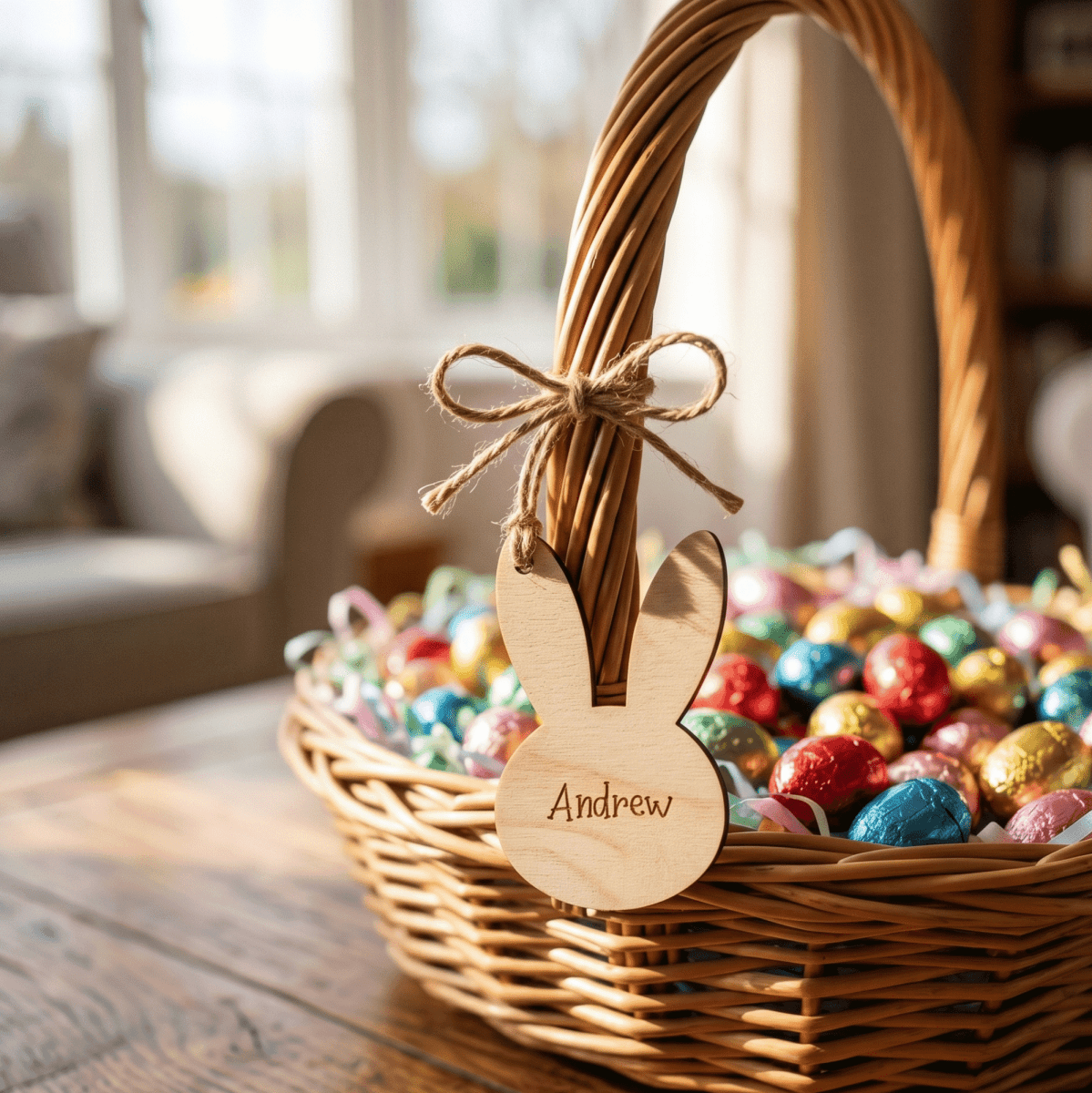 Personalised Easter Bunny Tag – Custom Wood or Acrylic Name Plate for Gift Baskets - Make It Personal Gift Co