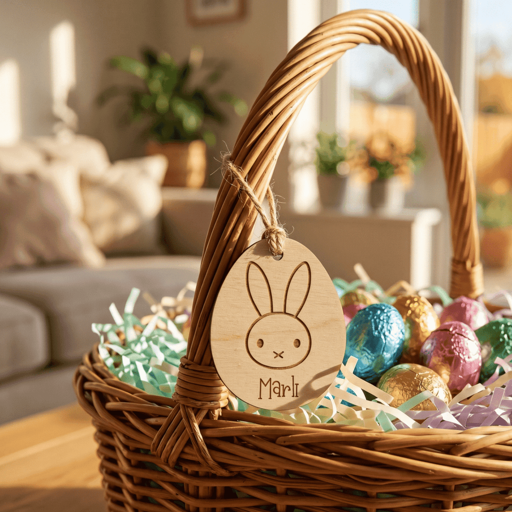 Personalised Egg-Shaped Easter Tag – Custom Wood or Acrylic Bunny Label - Make It Personal Gift Co