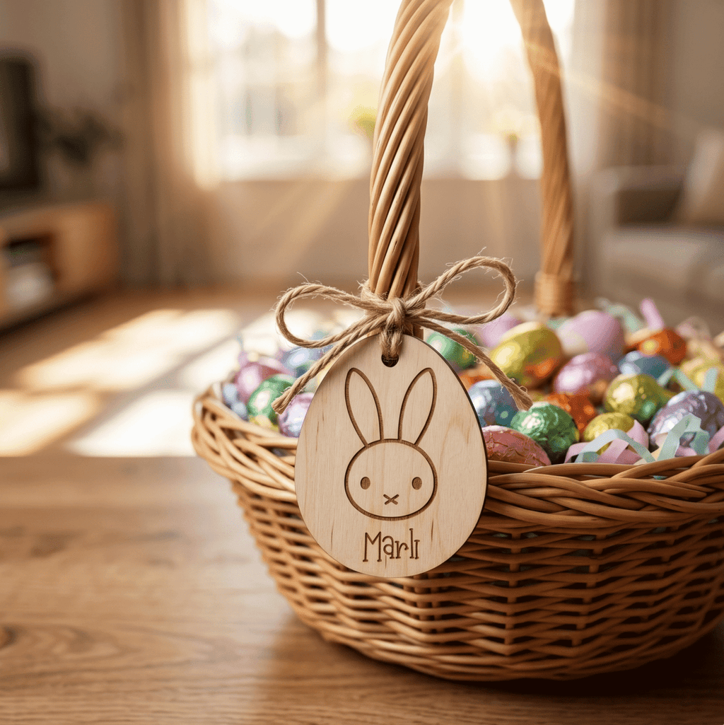 Personalised Egg-Shaped Easter Tag – Custom Wood or Acrylic Bunny Label - Make It Personal Gift Co